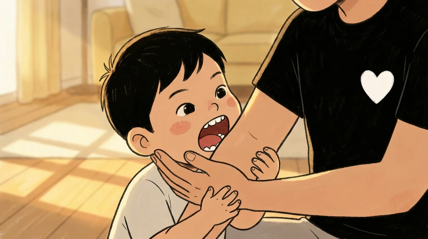 Toddler biting toward a parents arm as the parent gently holds the child back in a living room.