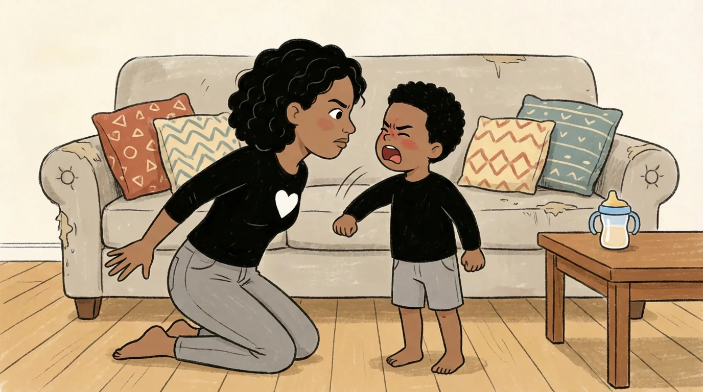 Mother kneeling on living room floor as toddler boy swings fist toward her, sofa and sippy cup behind them
