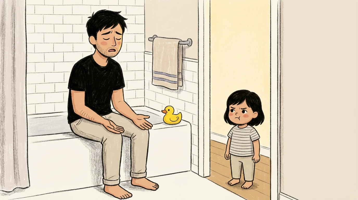 Father sitting on bathtub edge with eyes closed while toddler child stands in doorway with furrowed brows