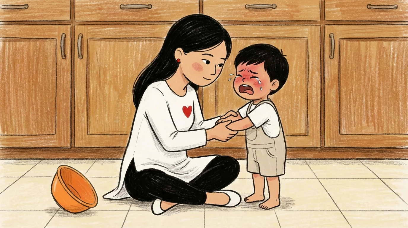 Mother sitting cross-legged on kitchen floor holding toddler boy's hands as he cries, ball beside them