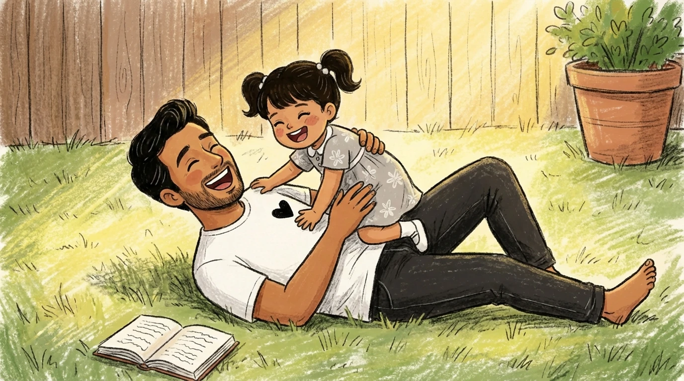 Father lying on grass laughing as toddler child presses both hands on his chest, book and plant nearby