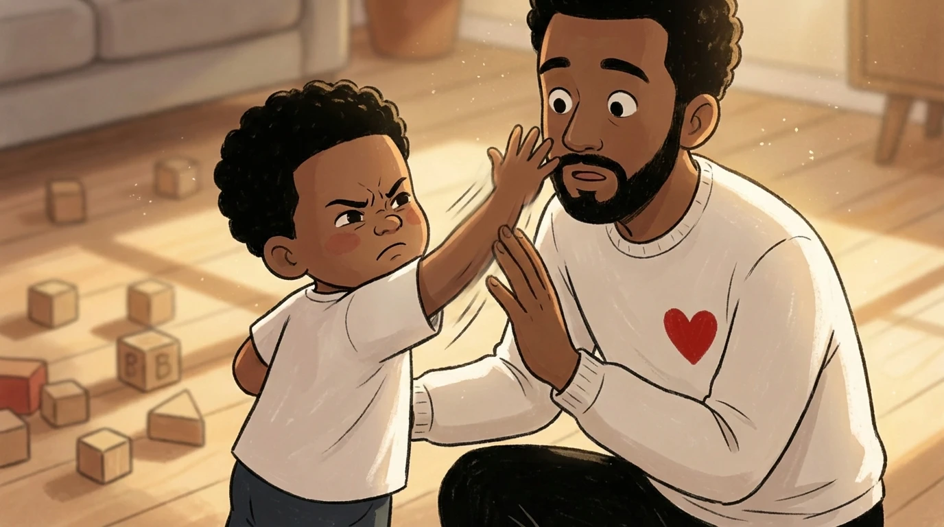 Toddler hitting a father on the face while the parent kneels on a playroom floor with blocks nearby.