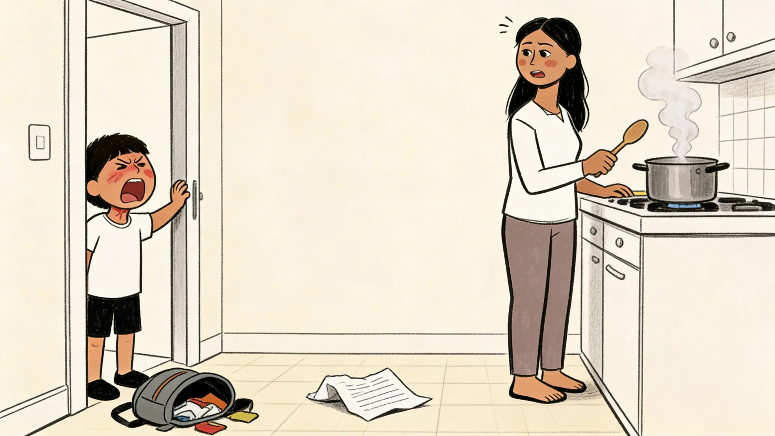 Boy screaming at kitchen doorway during verbal aggression outburst as mother stands at steaming stove