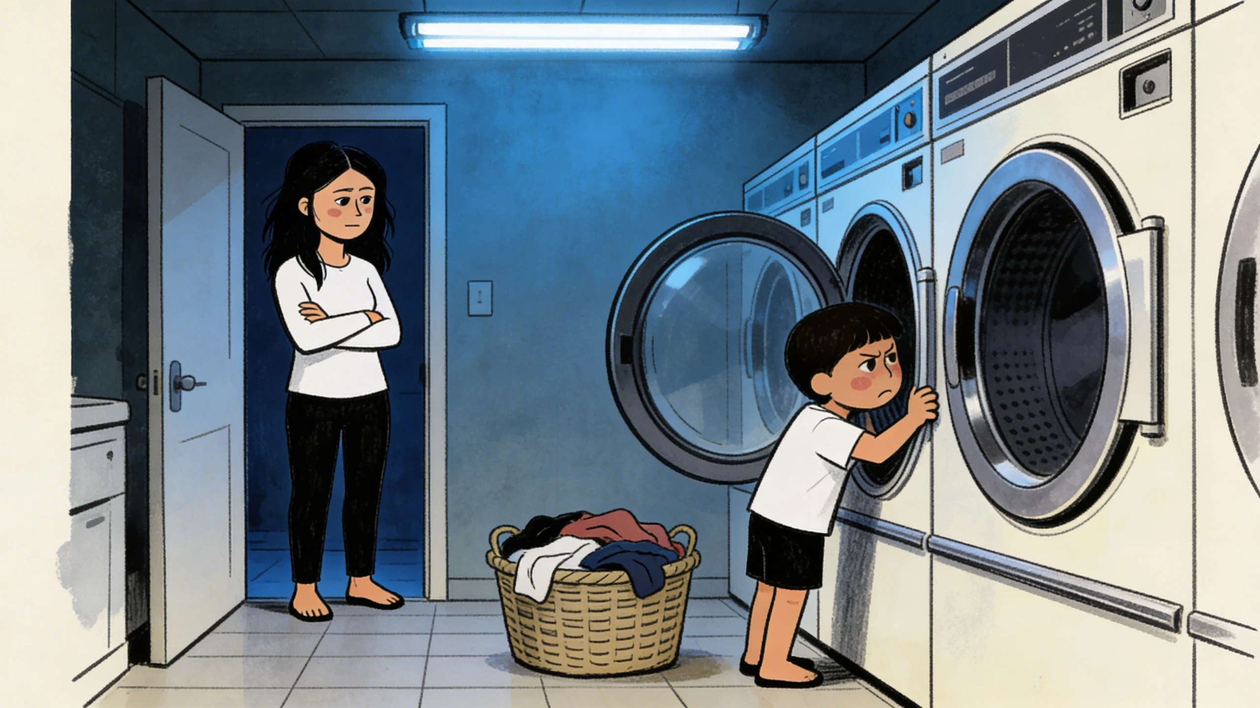 Mother in laundry room doorway responding calmly as boy presses his face against a washing machine
