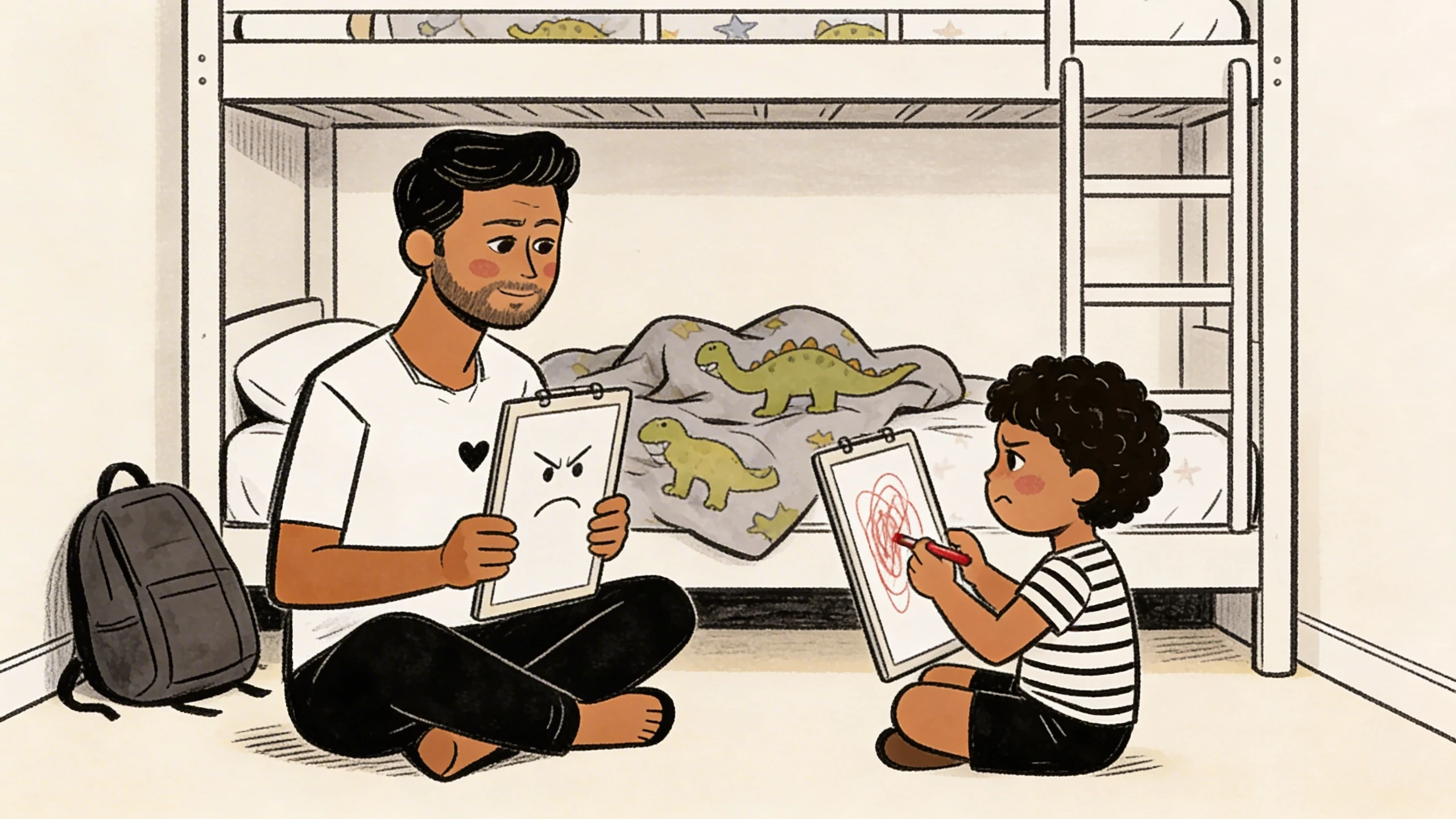 Father and child sit on bedroom floor drawing emotion faces on clipboards near a bunk bed with dinosaur blanket