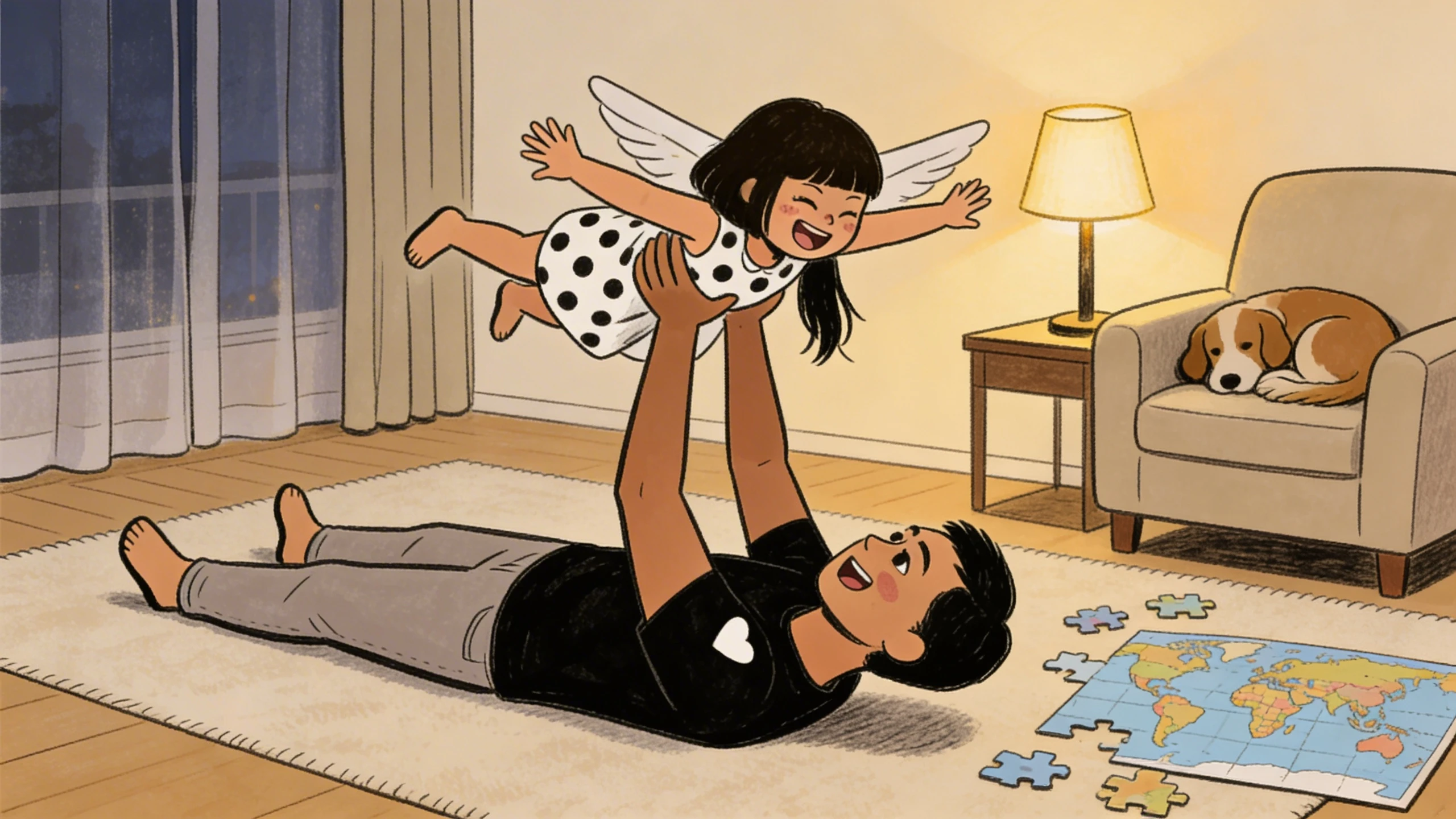 Father lying on living room floor lifting a child in an angel-wing dress overhead while a dog rests on an armchair