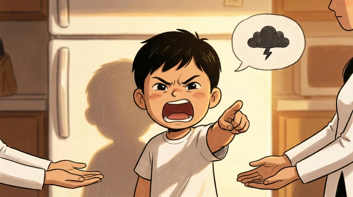 Child shouting scary words and pointing at a parent with open hands in a kitchen.