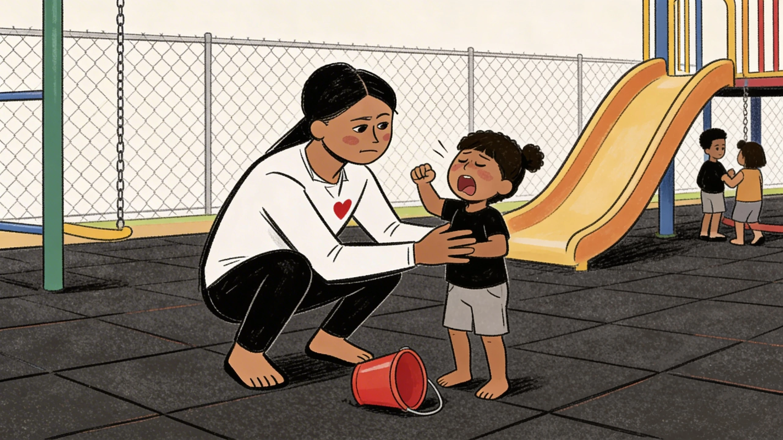 Mother crouching beside toddler child with raised fist near a playground slide with a spilled red bucket on the ground