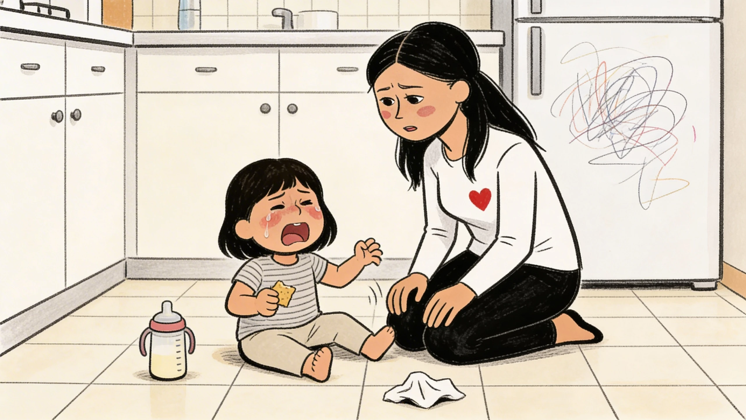 Mother kneeling on kitchen floor next to crying toddler child sitting beside a sippy cup and crumpled tissue