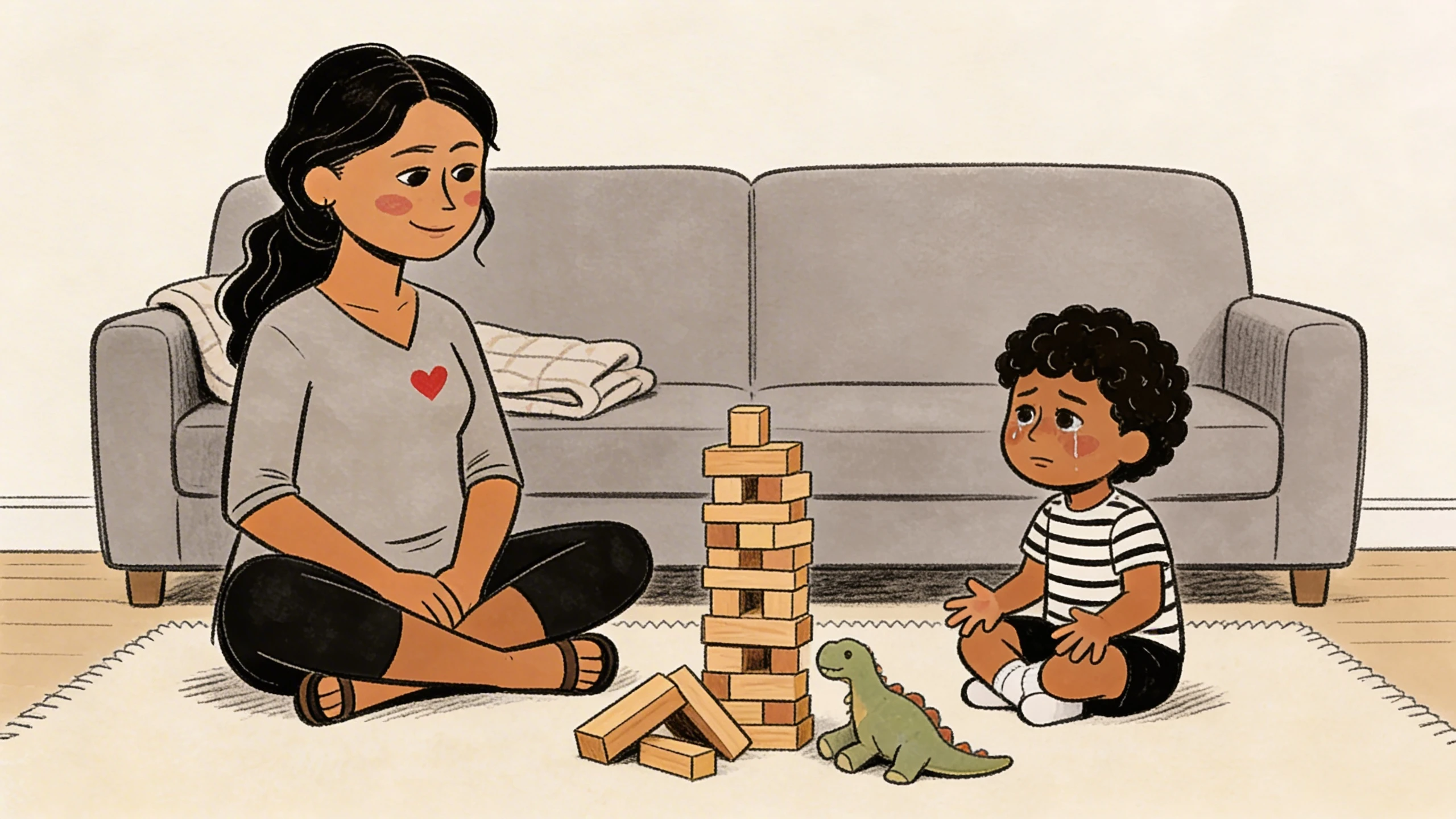 Mother sitting cross-legged on a rug facing a toddler boy with a wooden block tower and toy dinosaur between them