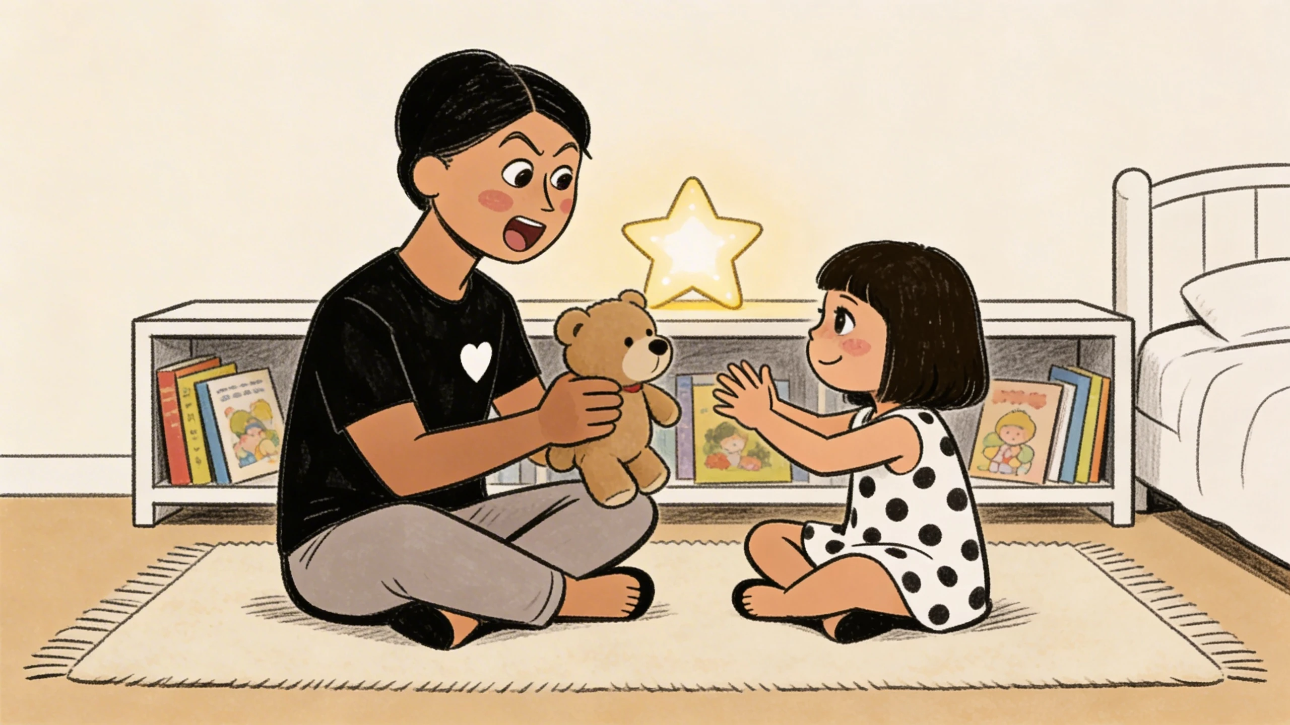 Father sitting on a rug holding a teddy bear toward a toddler child with open hands in a bedroom with a star lamp