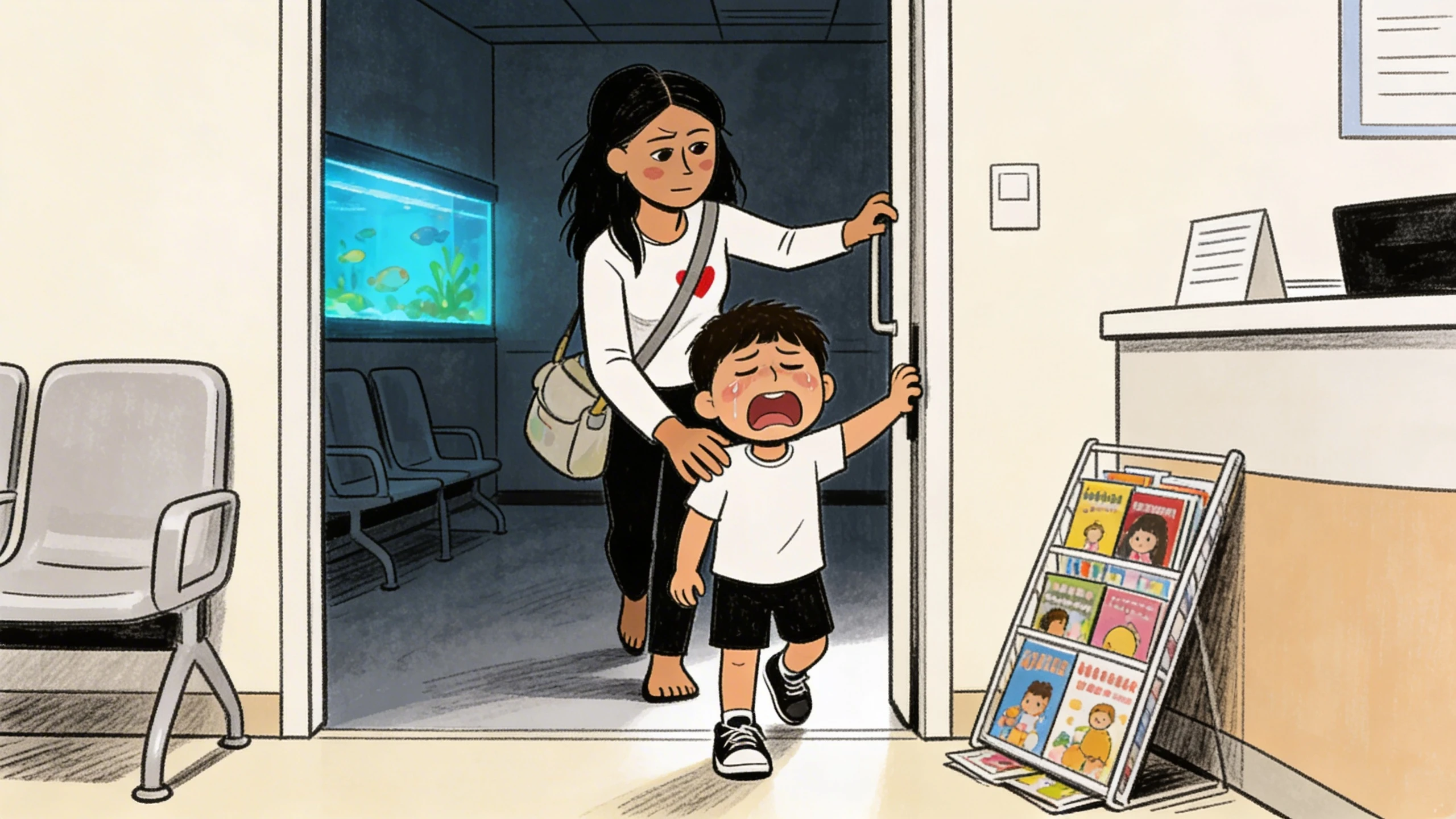 Toddler crying at a medical office doorway as a parent guides him in - a normal childhood fear of doctor visits.