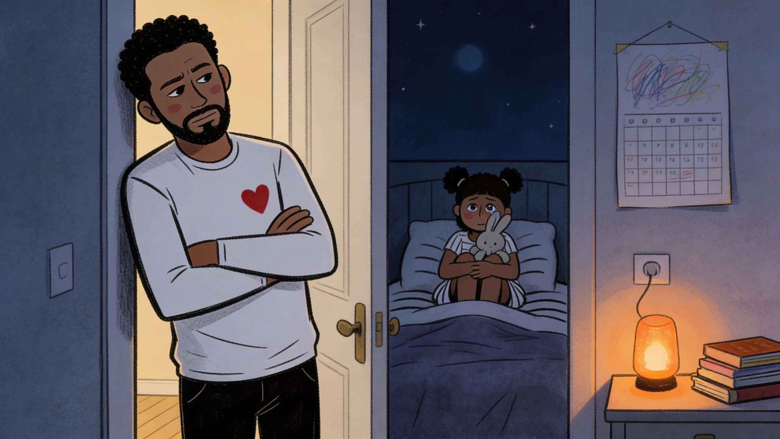 Father in a bedroom doorway watching a child sit up in bed hugging a stuffed rabbit beside a glowing nightlight.
