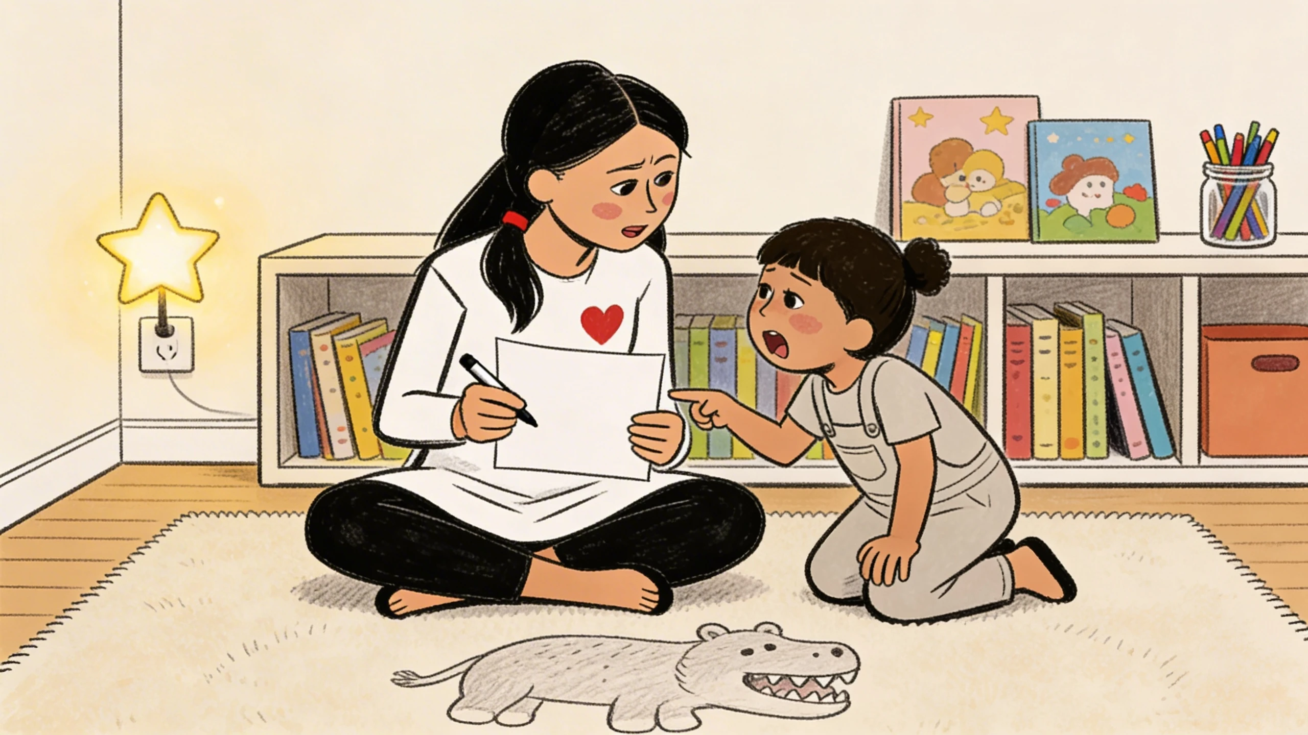 Mother and toddler sit on a rug examining a drawing of a crocodile - talking through childhood fears together at home.