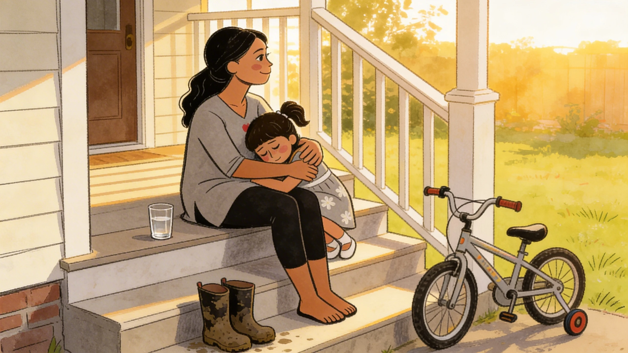 Mother sitting on porch steps holding a young child close while a bicycle and rain boots rest nearby in the afternoon sun.