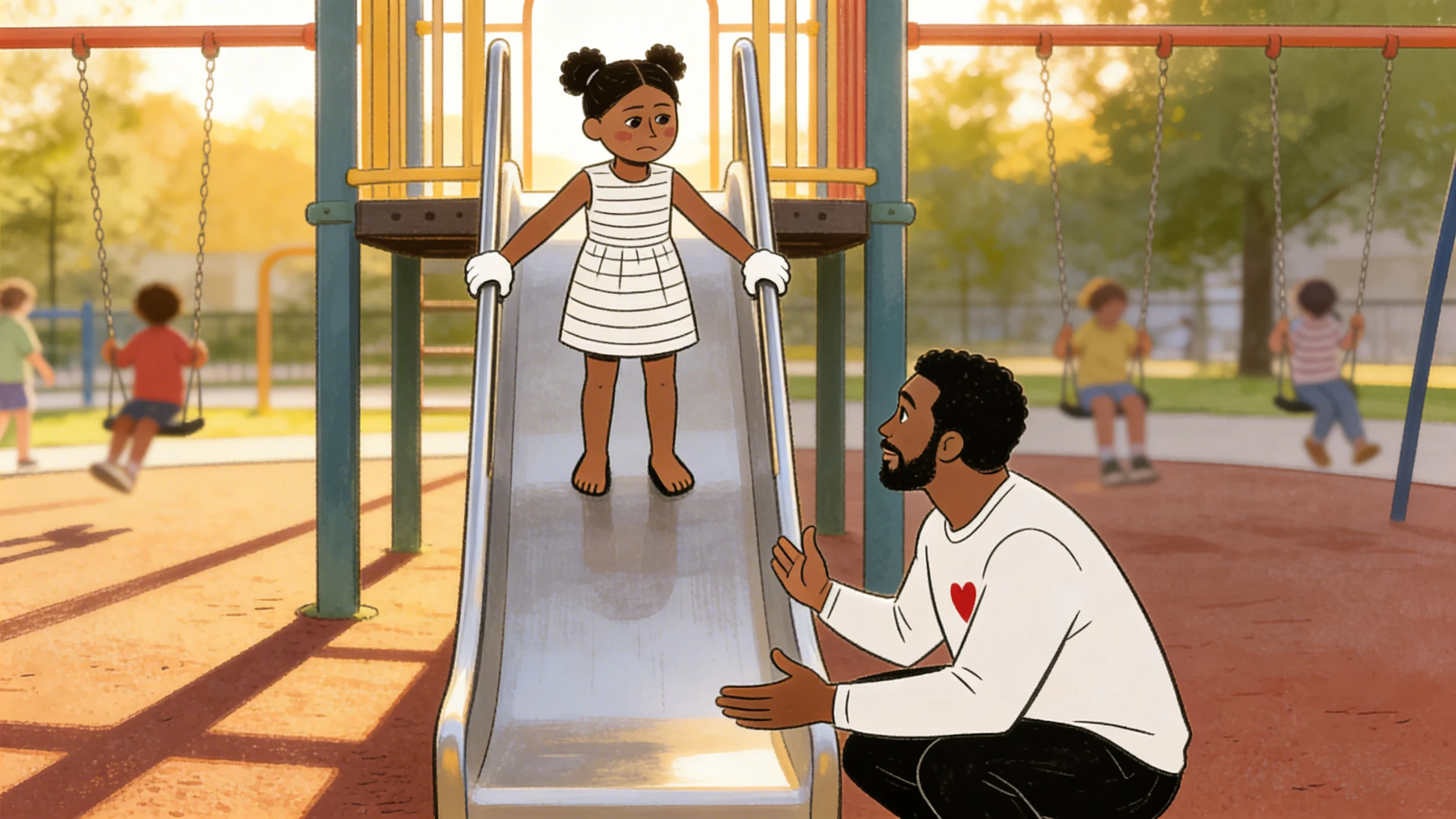 Father kneeling at playground slide base encouraging child at top to come down in a gradual first step