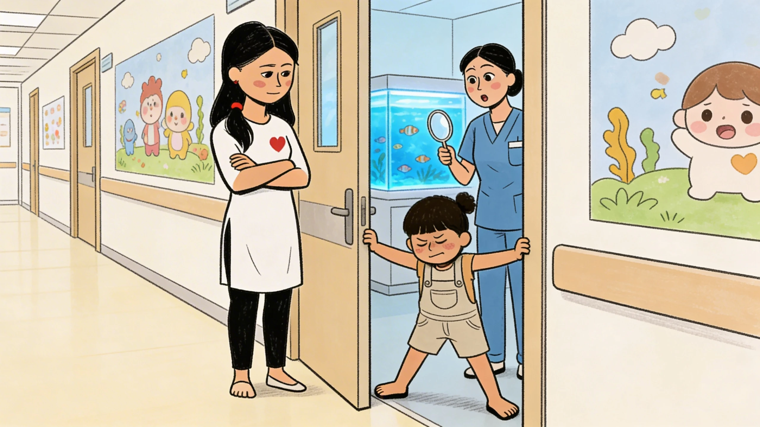 Child bracing in clinic doorway during exposure to a new environment while caregiver watches from inside