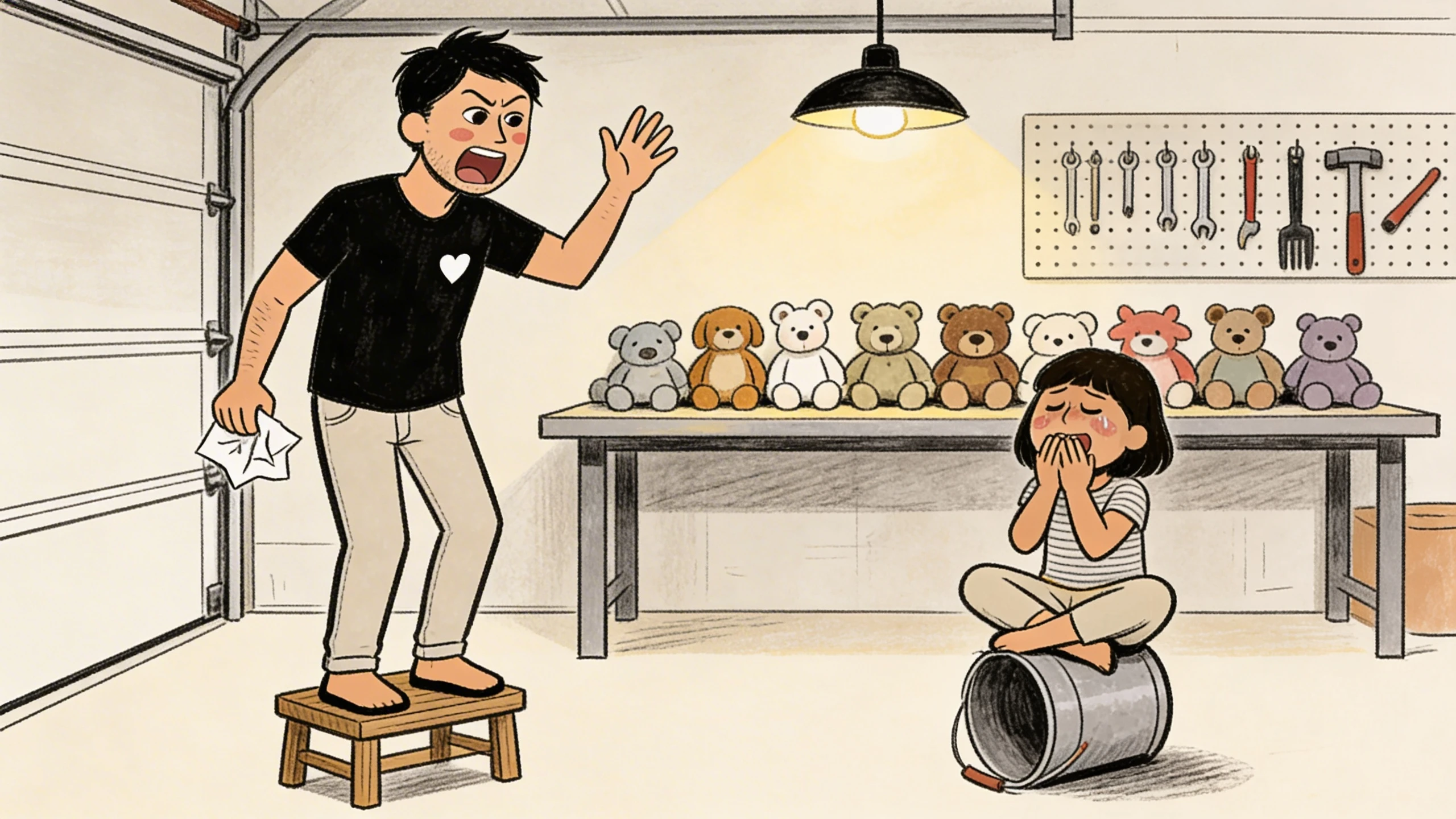 Parent on stool building bravery with child using teddy bears as props in a garage practice scene