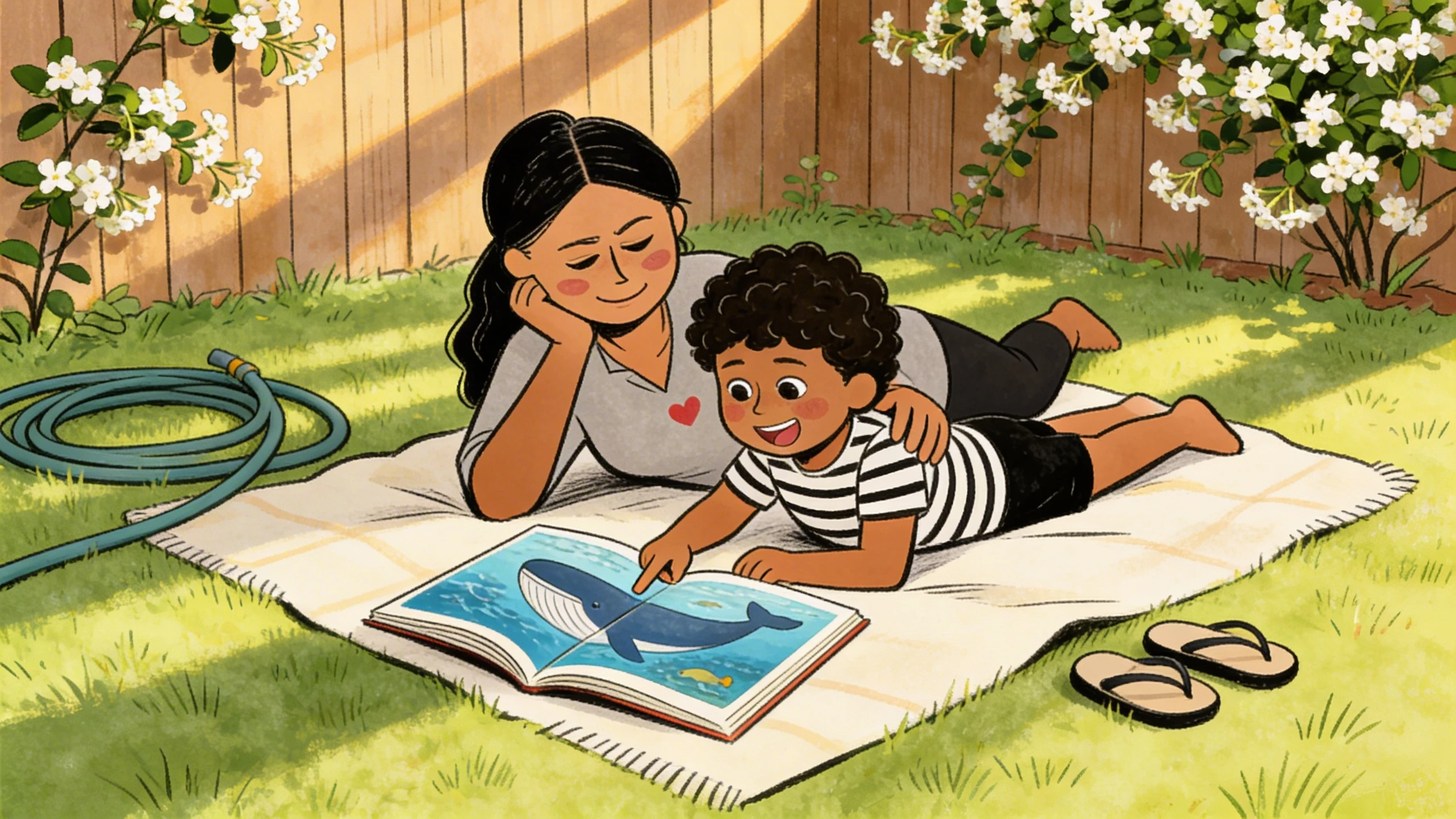 Mother and child lying on outdoor blanket reading a picture book together about ocean animals