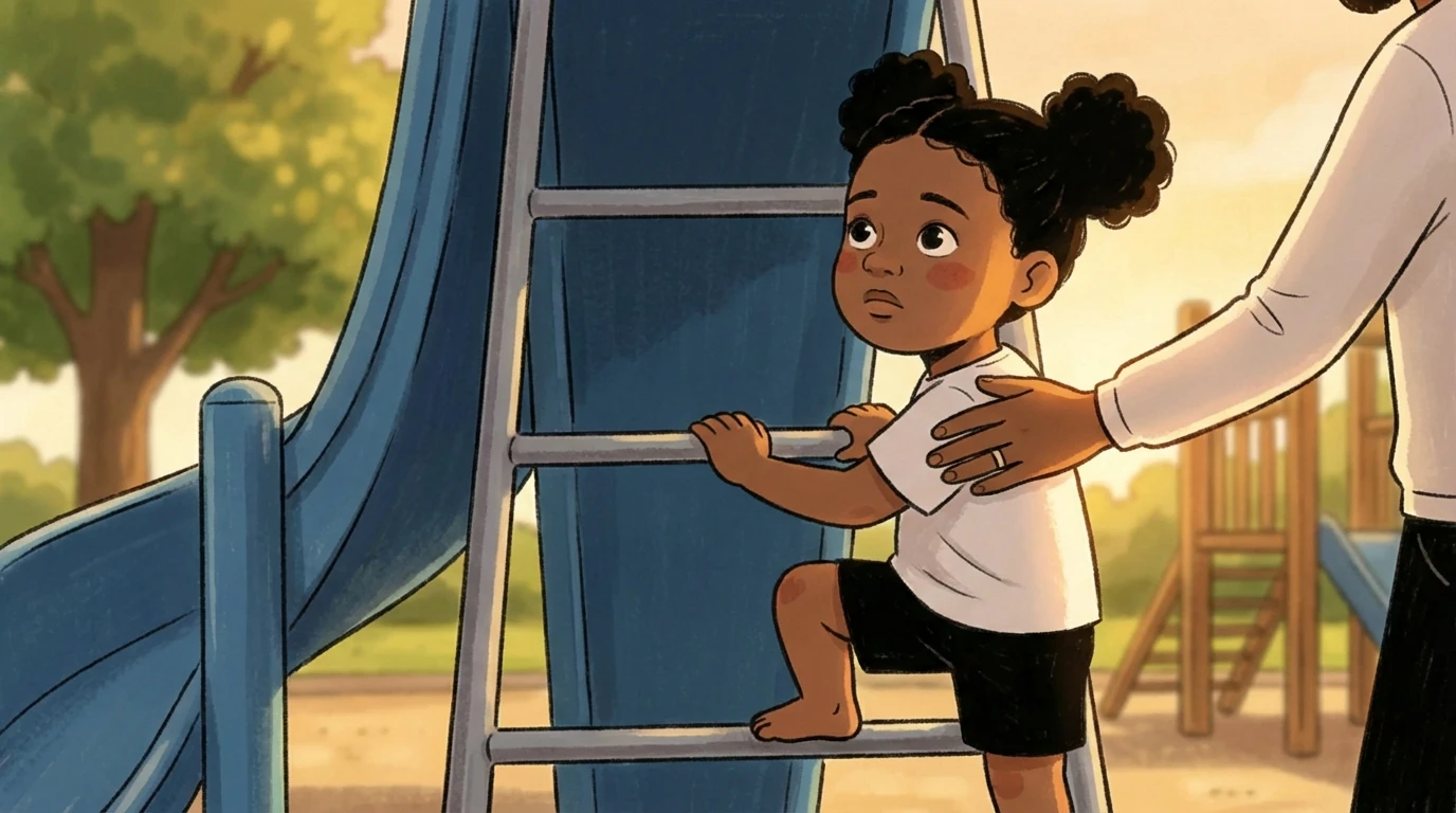 Child grips a playground slide ladder while a parent places a steady hand on their back, guiding them step by step.