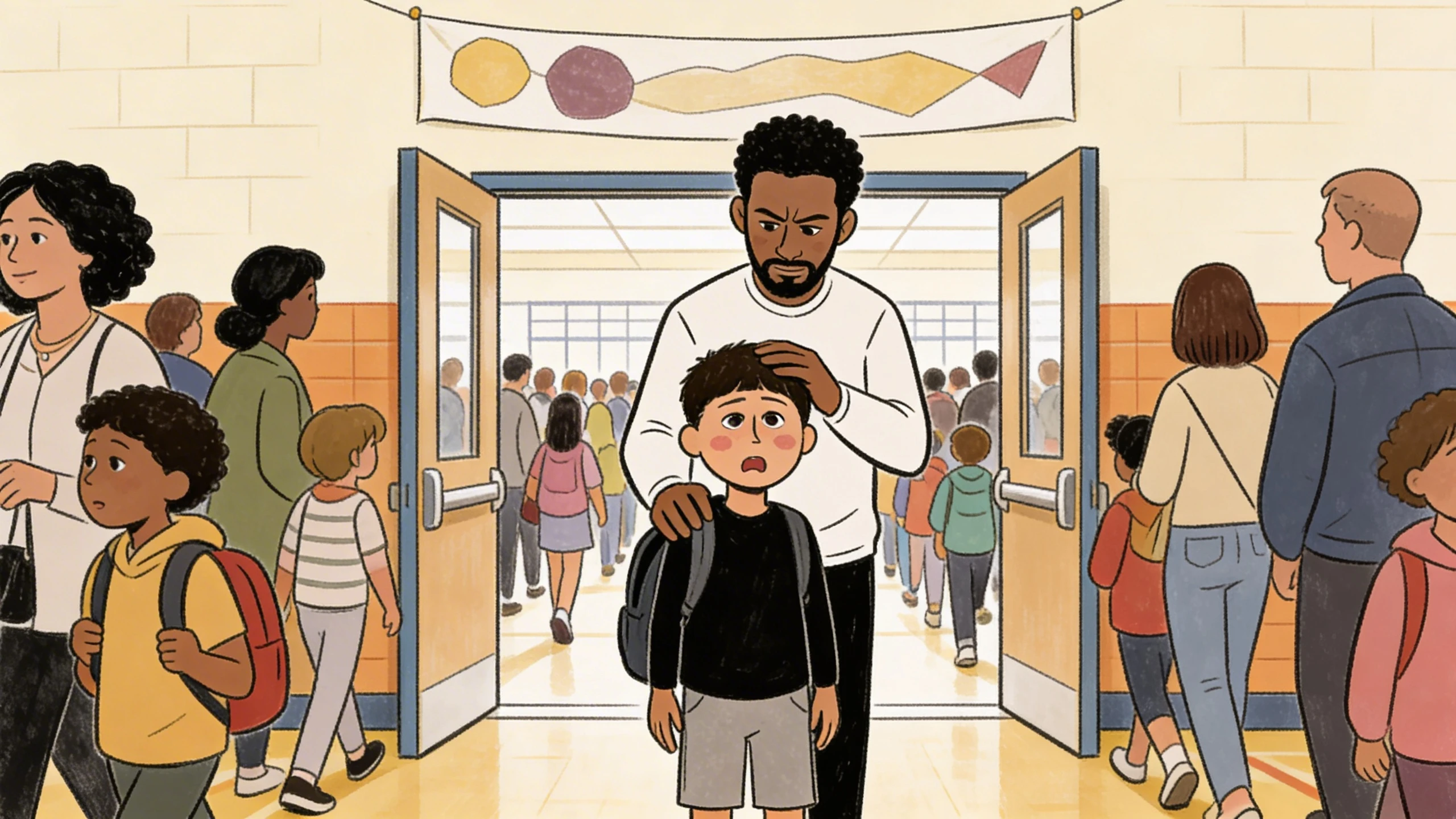 Father helping a child manage the school entrance rush