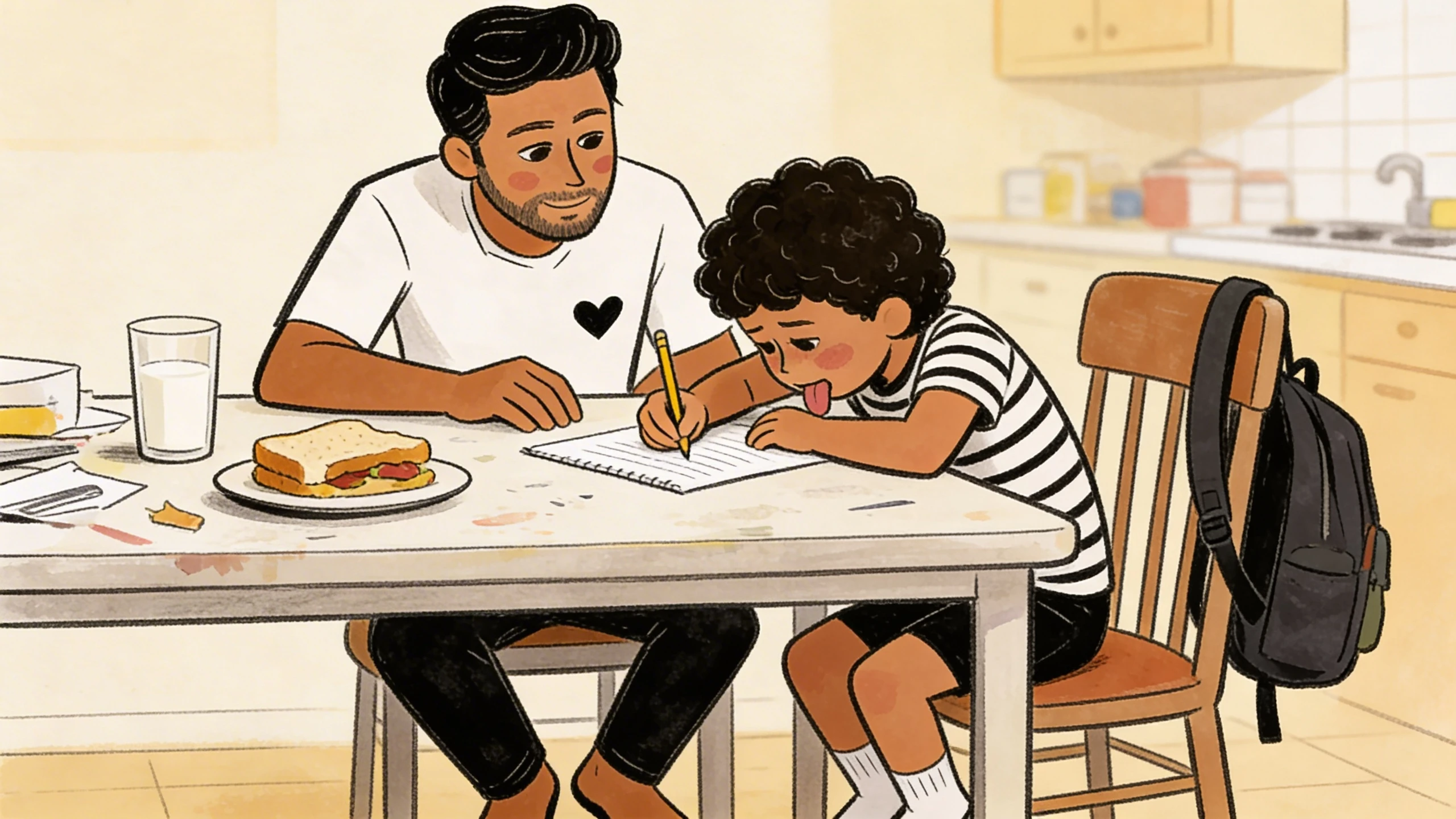Father using calm strategies to support a child writing at the kitchen table after school