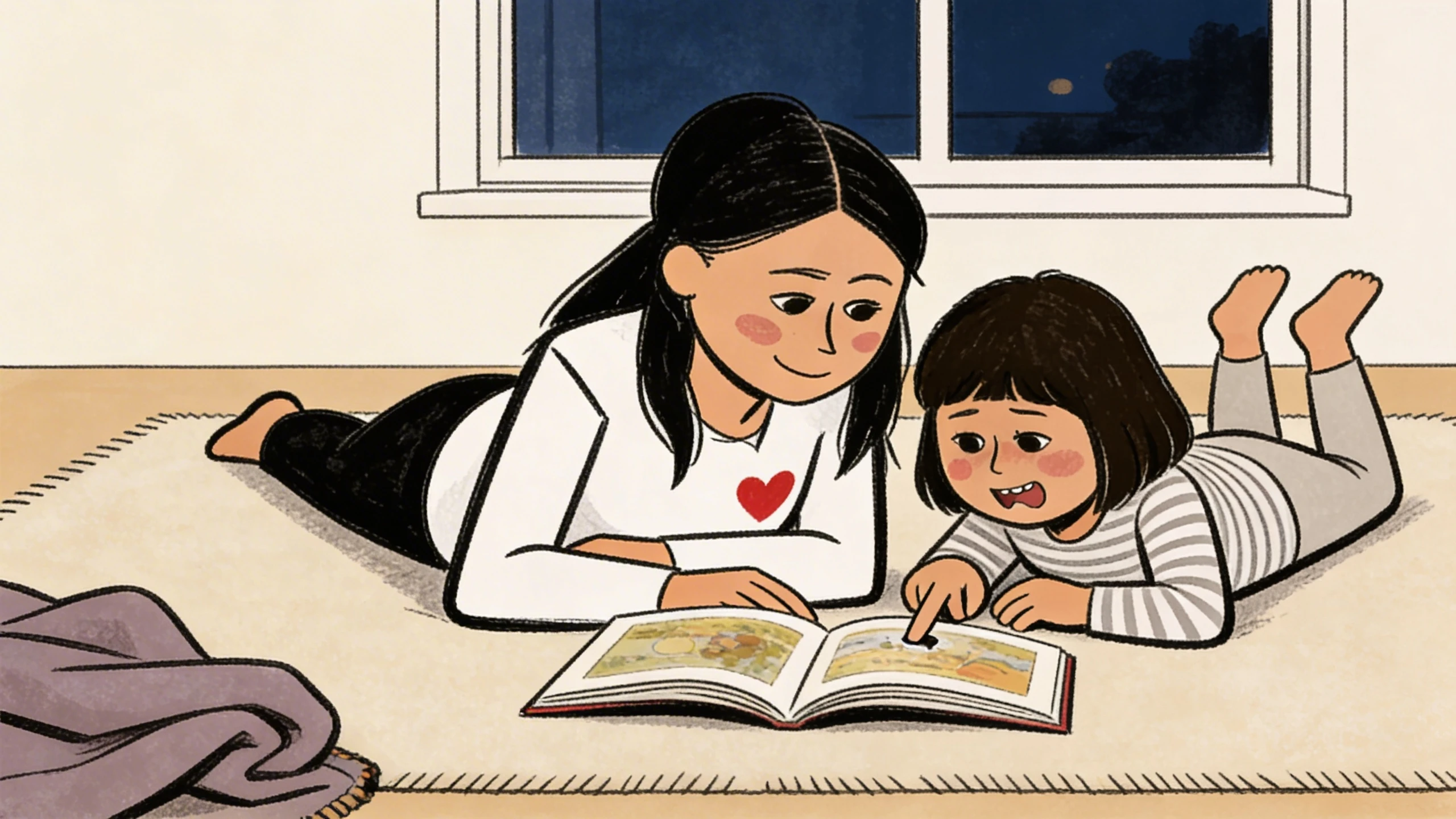 Mother and child lying on a rug together at night