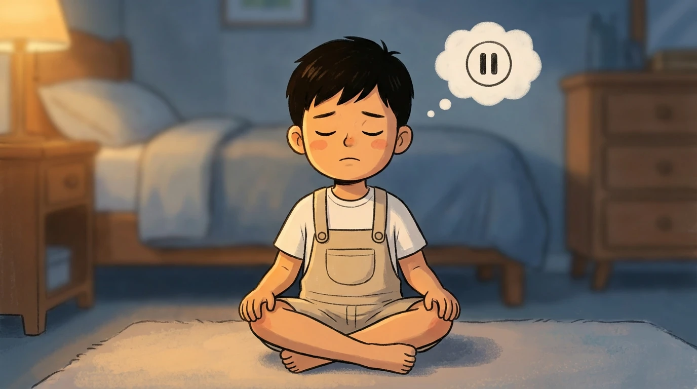 Child sitting cross-legged with eyes closed using the PAUSE method to manage anxiety in a bedroom.