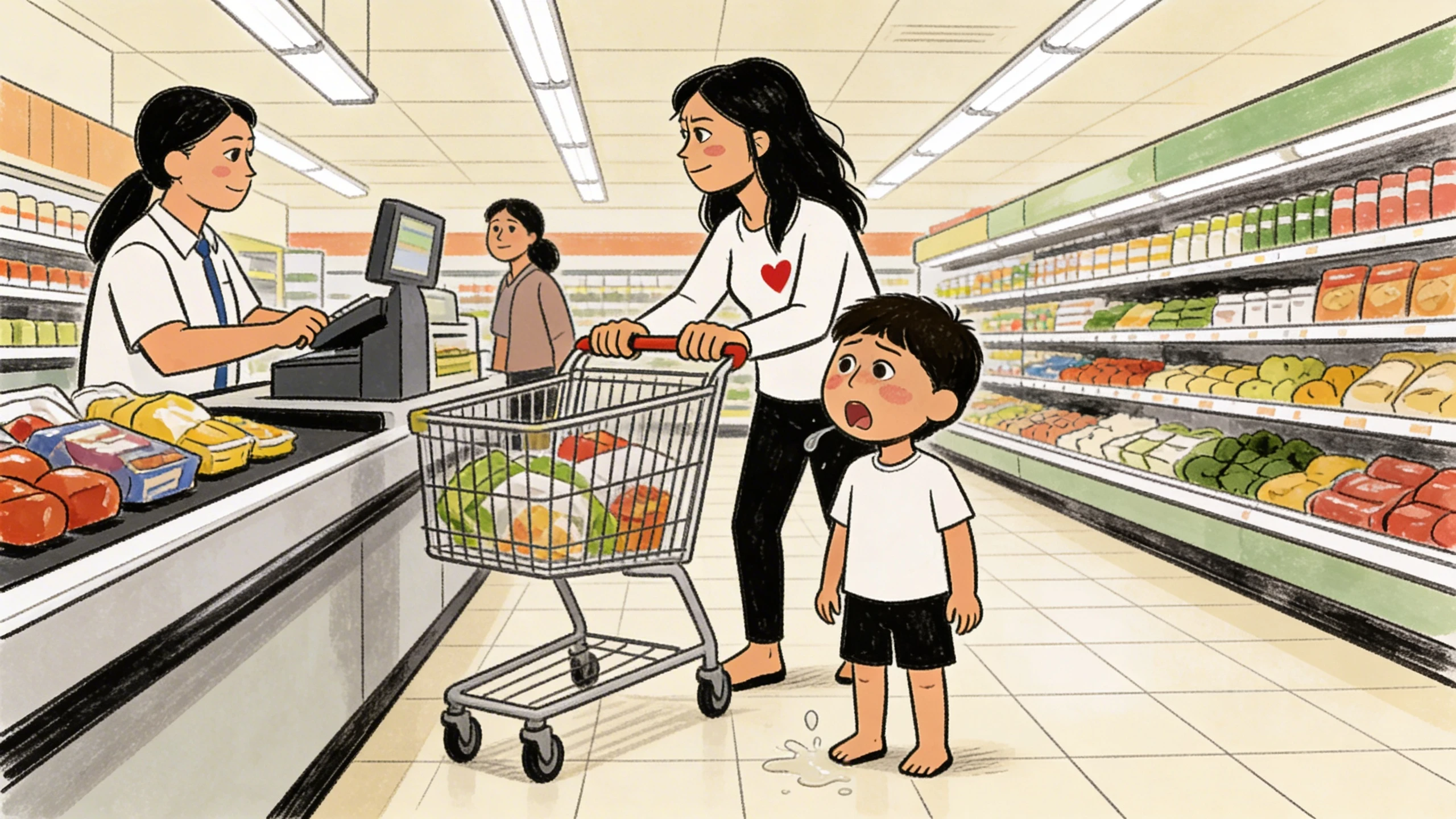 Boy about 5 spitting on grocery store floor while mother pushes cart at checkout, cashier and shelves visible