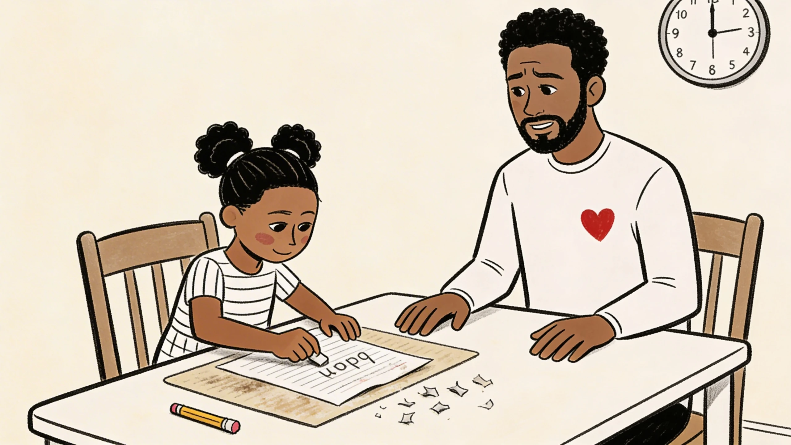 Father sitting at kitchen table beside child about 6 who erases and rewrites words on homework sheet
