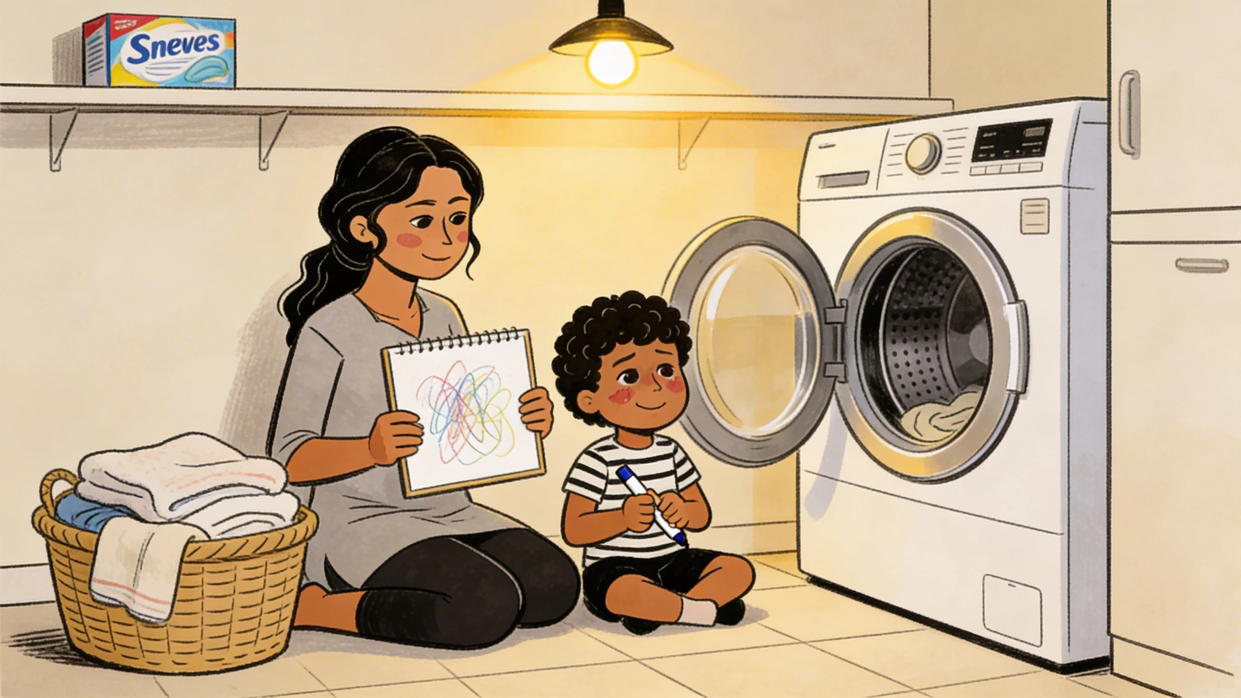 Mother sitting on laundry room floor holding sketchpad while toddler boy holds crayon beside washing machine