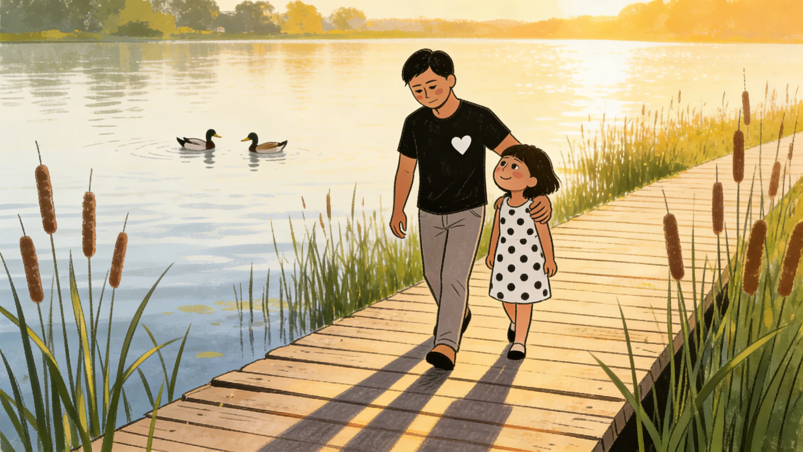 Father walking with arm around child about 5 on wooden dock at sunset with ducks and cattails nearby