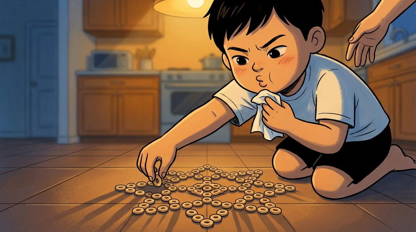 Child arranging cereal into an OCD-like ritual pattern on the kitchen floor as a parent reaches toward them.