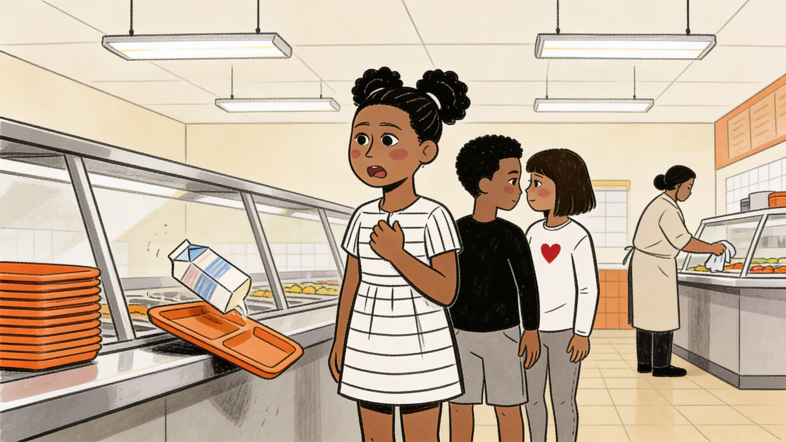 A child in a school cafeteria holds her chest as a milk carton tips off a tray - what panic attacks look like
