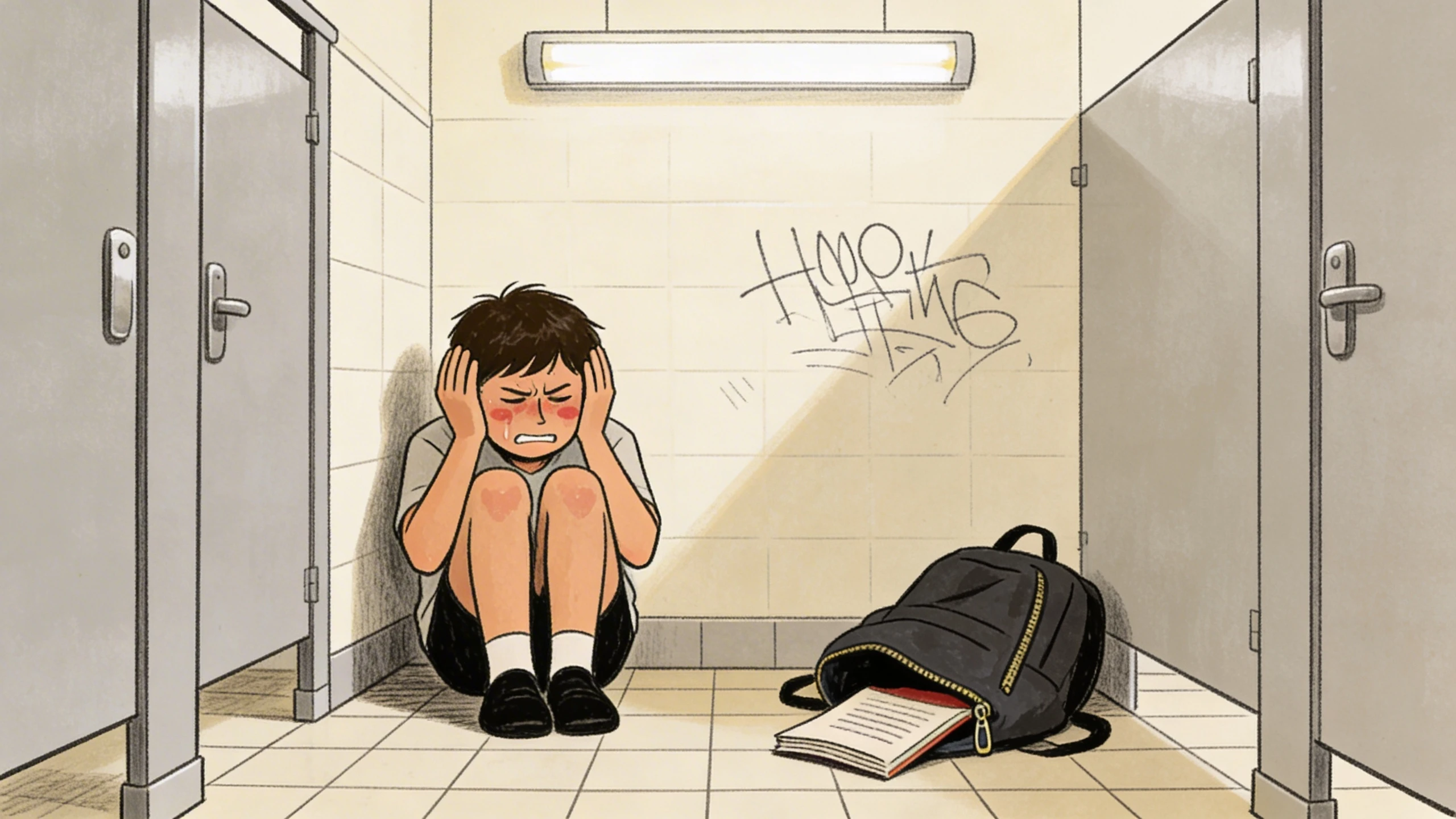 A teen boy sits on a school bathroom floor gripping his head with a dropped backpack and open notebook beside him