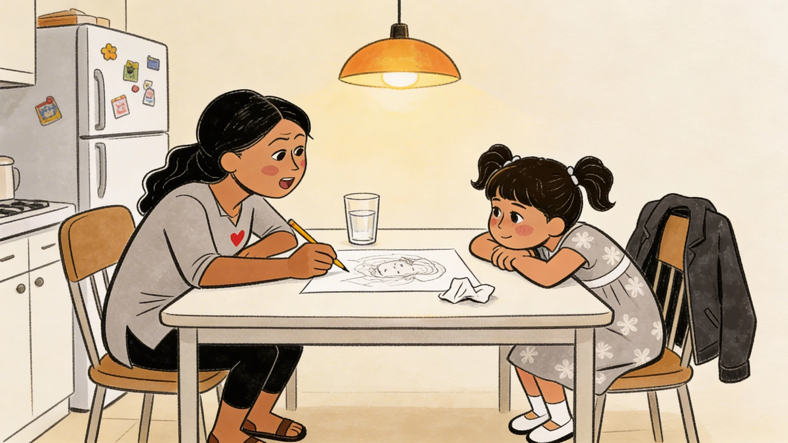 A mother draws with her young daughter at a kitchen table to work through panic attacks after an episode