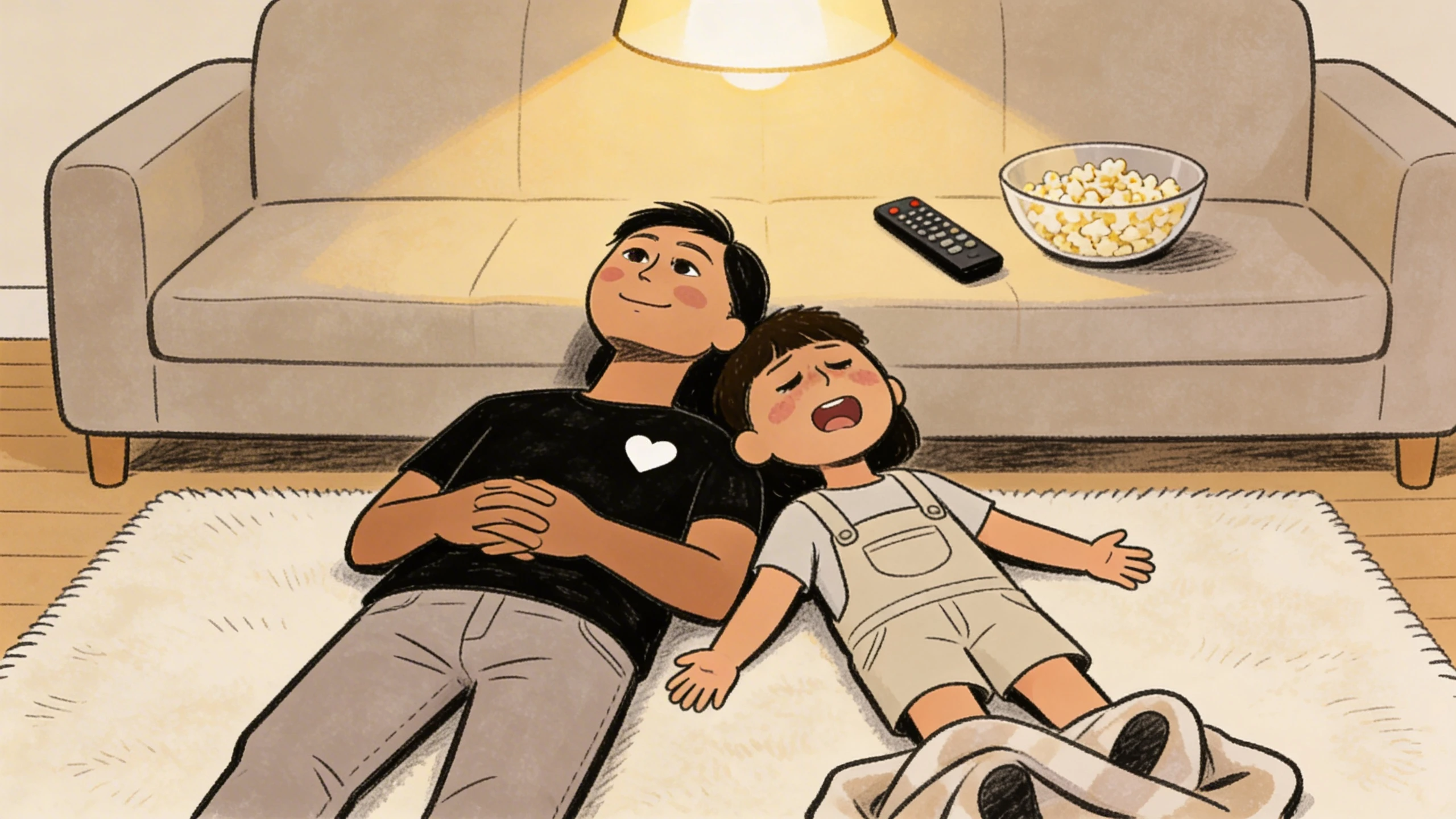 A parent and child lie on a living room rug together as the child rests splayed out and breathes slowly