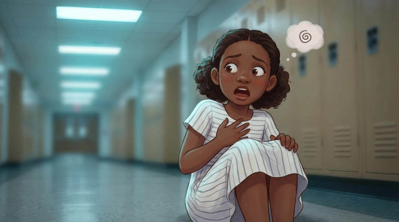 Child sitting on a school hallway floor clutching her chest during a panic attack.