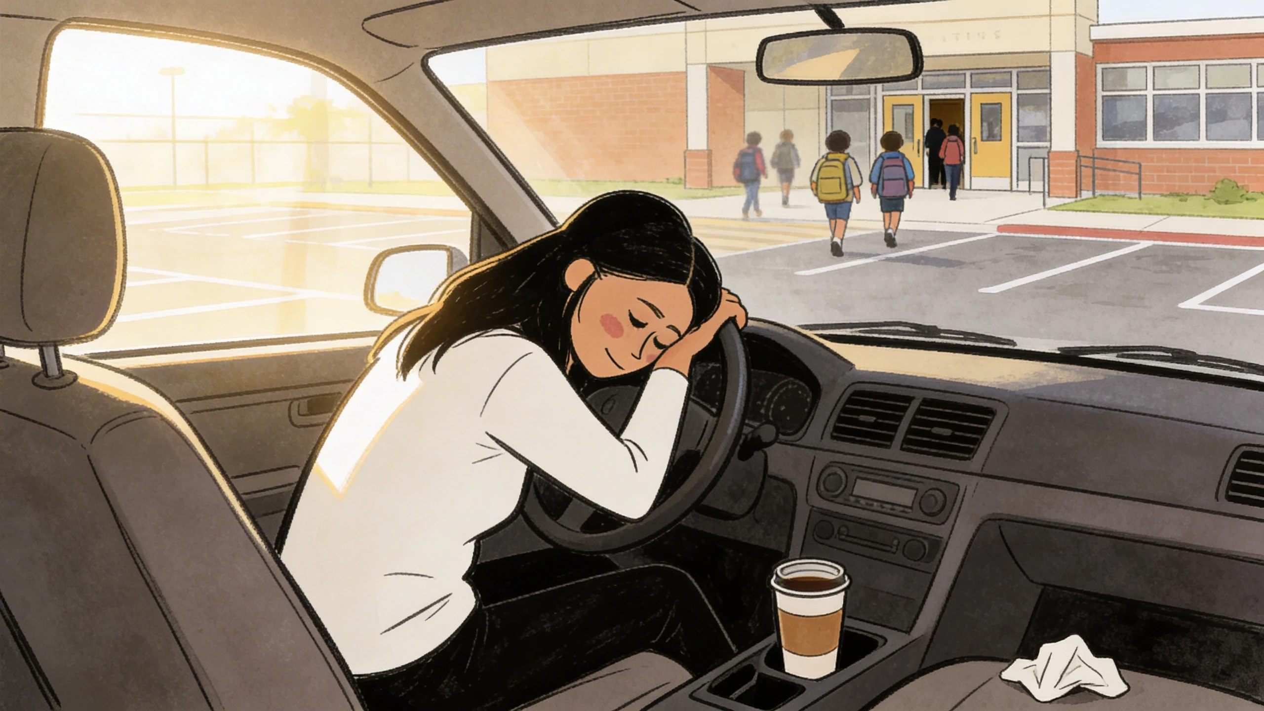 Woman resting her head on a steering wheel in a parked car outside a school with a coffee cup nearby as children walk in