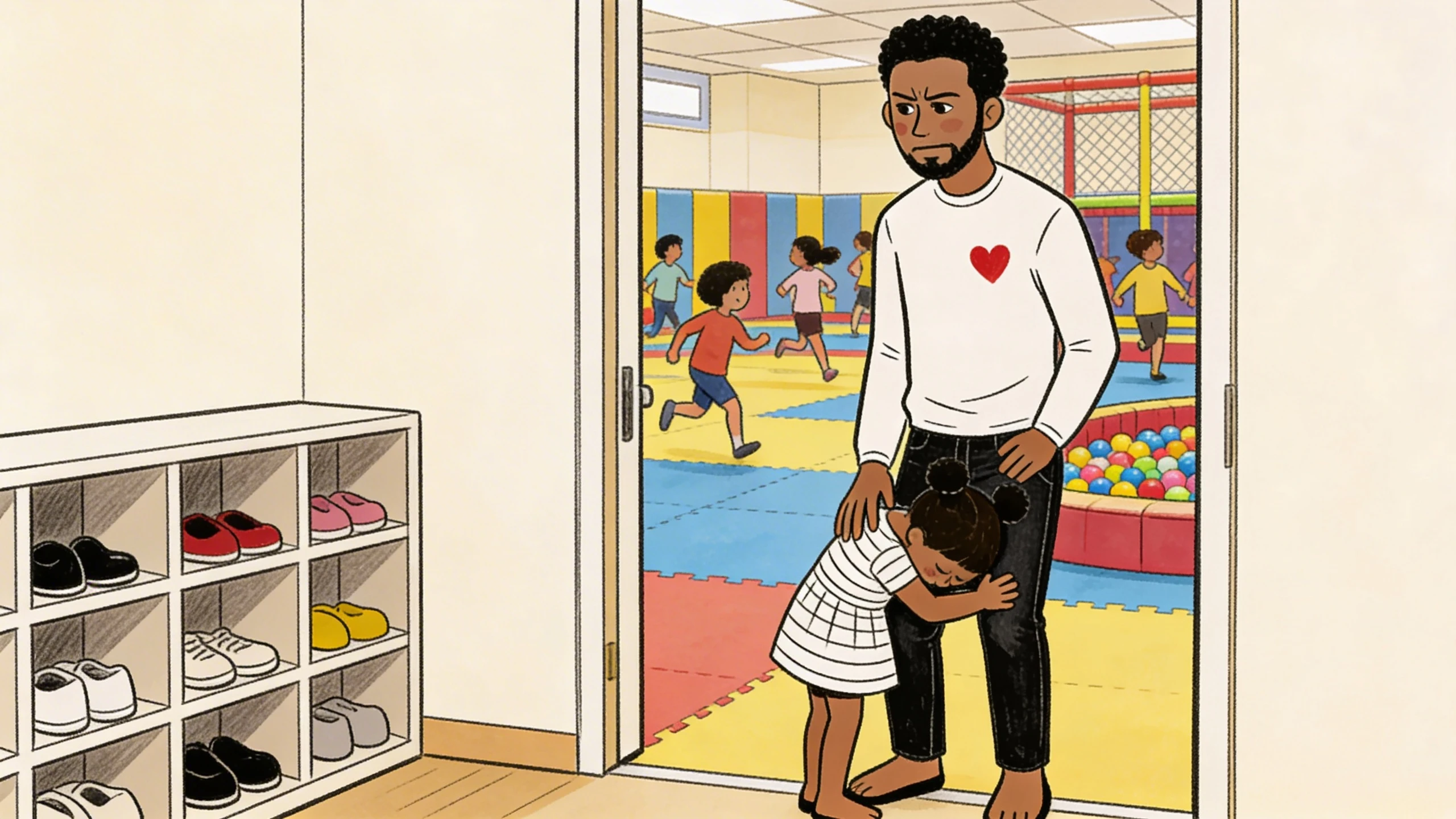 Father standing at a play center doorway as a young child clings to his leg while other children play freely inside