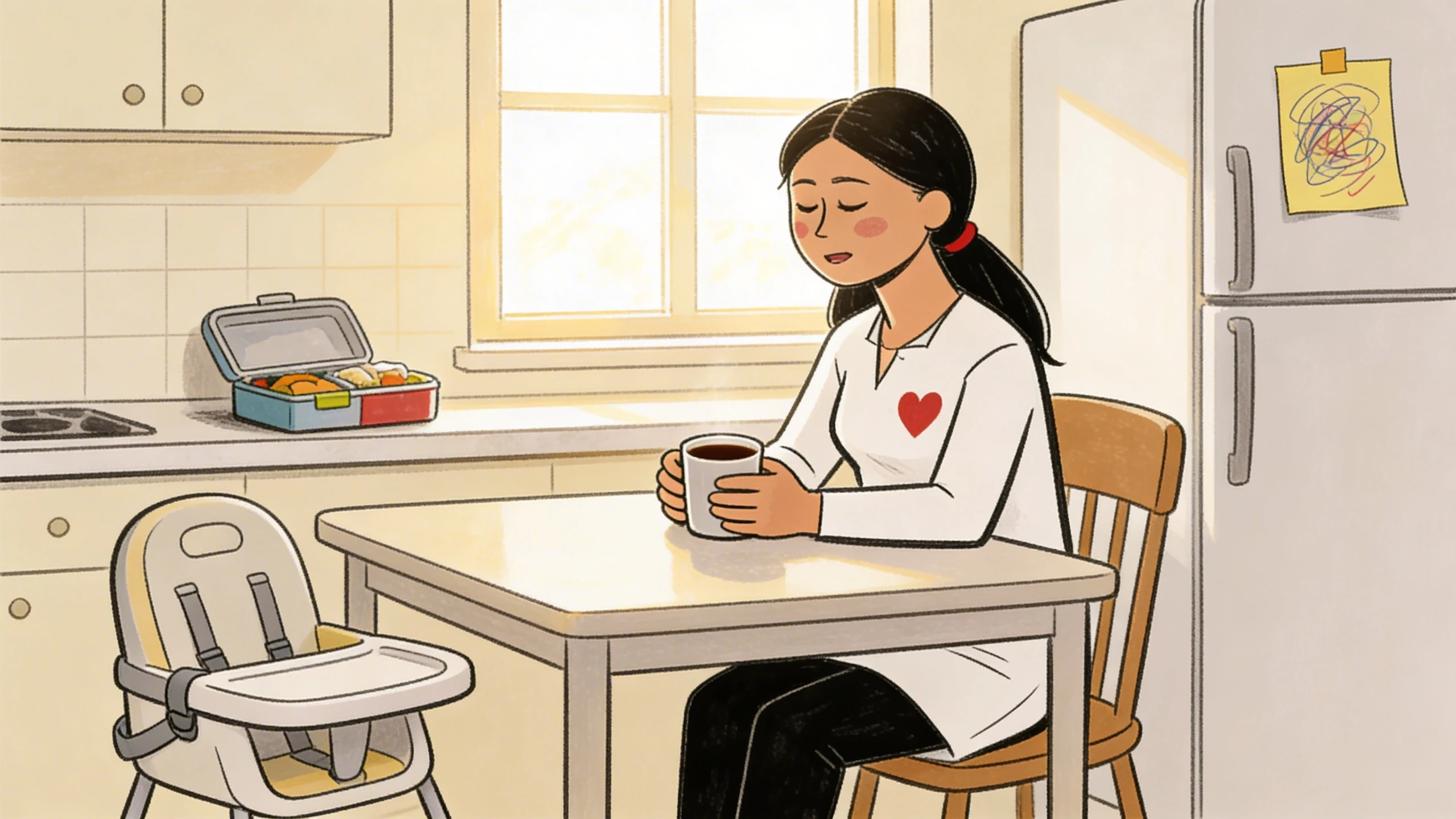 A parent sits quietly at a kitchen table managing a moment of calm, holding a mug with a packed lunchbox nearby