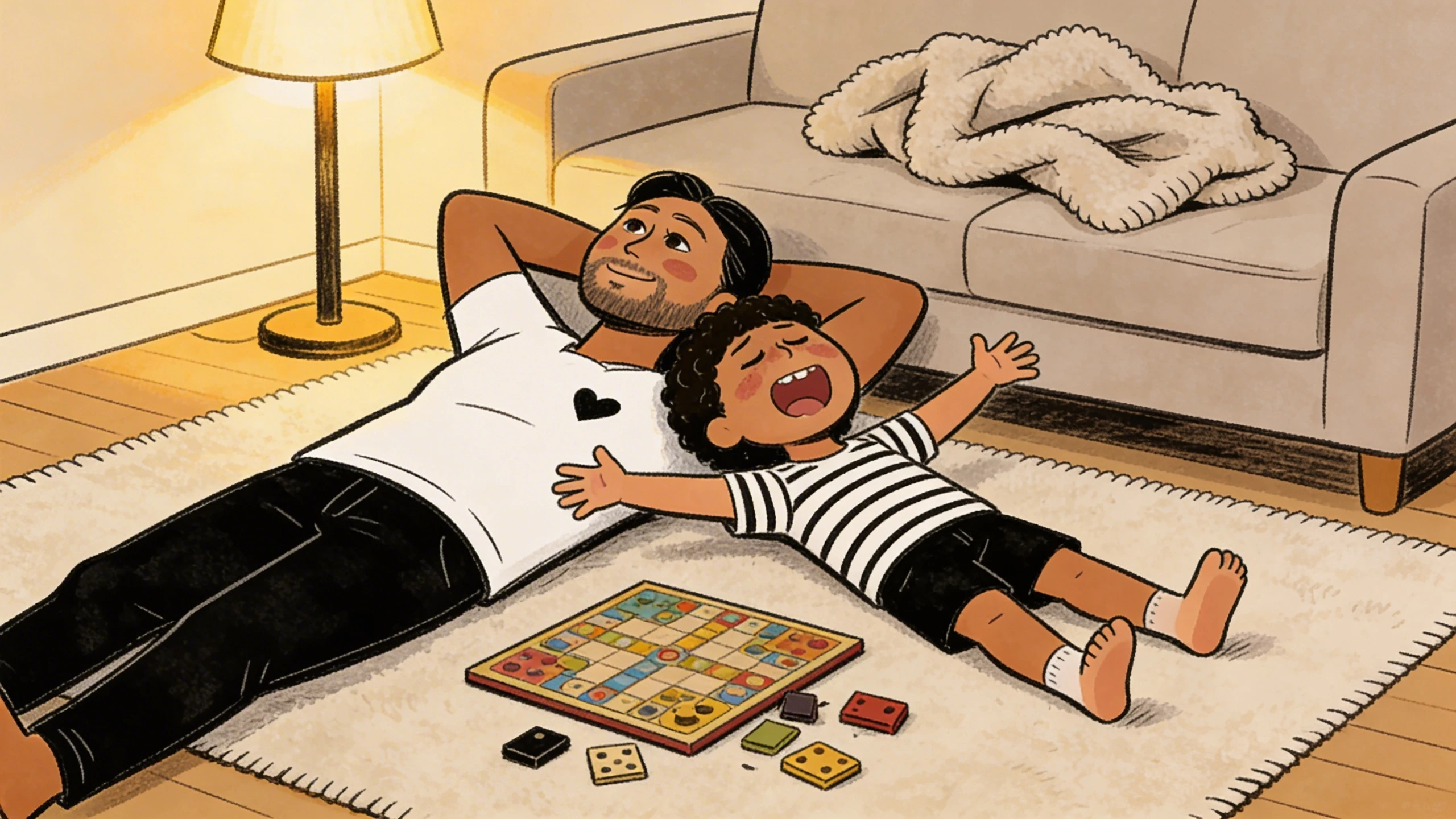 A father and child lie on a living room rug beside a board game as a calm contrast to the anxiety of the day