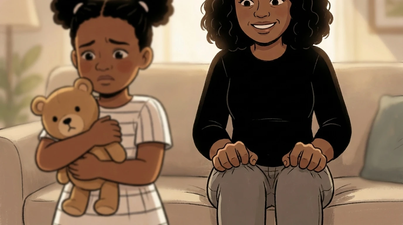 Anxious parent gripping her knees on a couch while child clutches a teddy bear and looks away with furrowed brows.