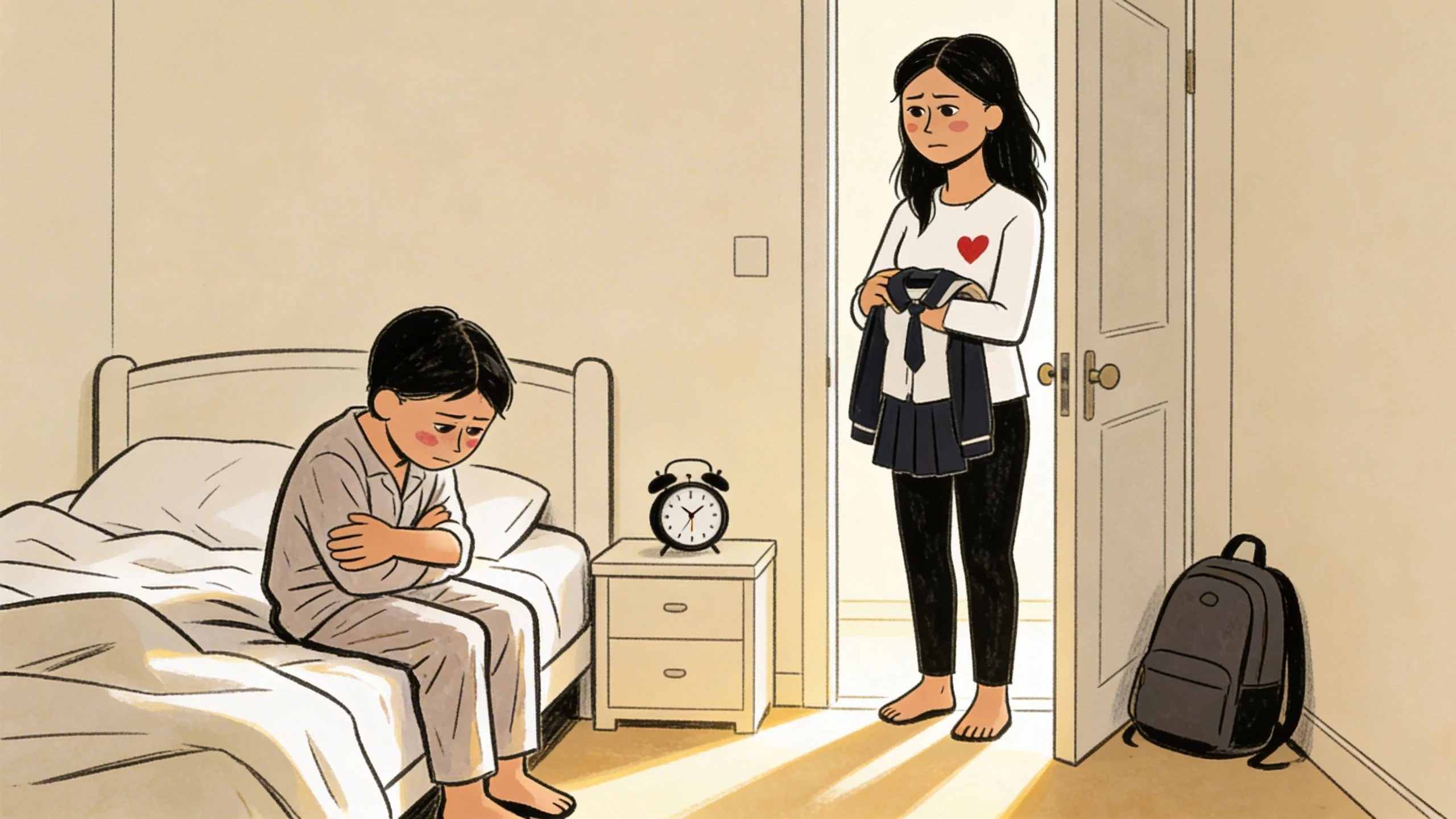 Boy about 8 sits on bed edge clutching his stomach as mother stands in doorway holding school uniform with backpack on floor