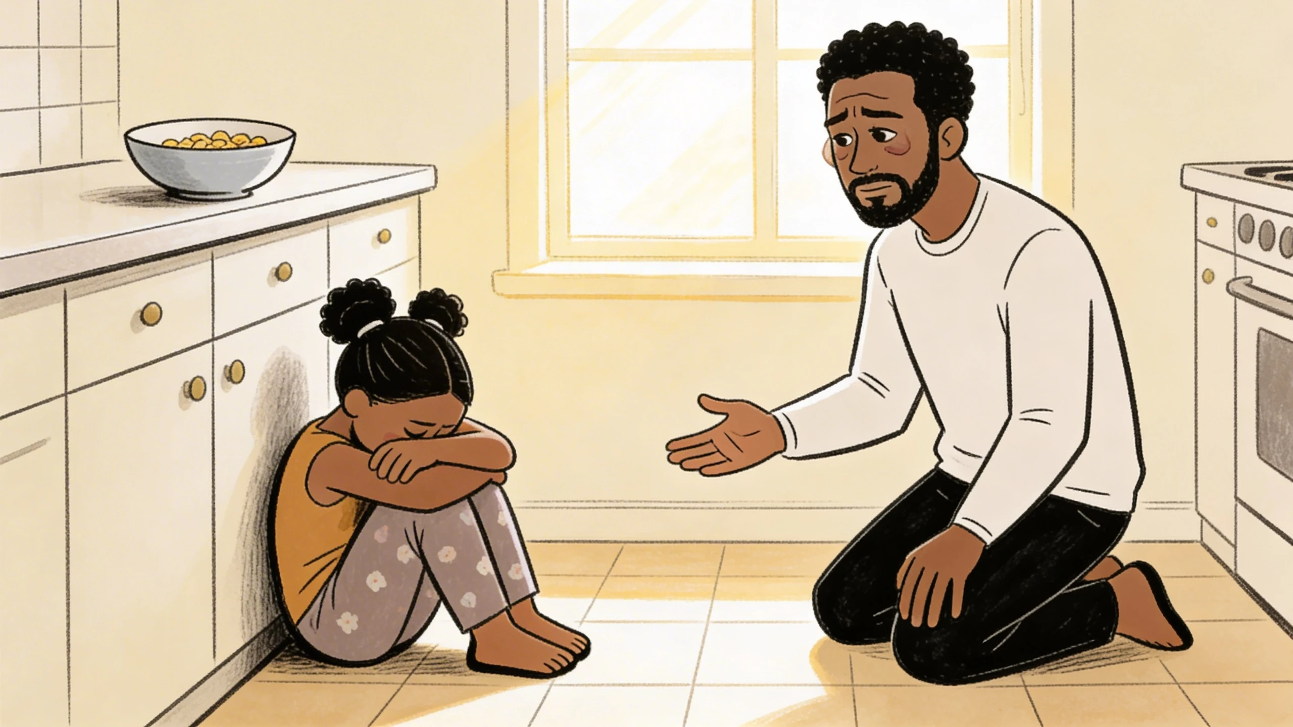 Father kneels on kitchen floor reaching one hand toward child about 5 who sits curled up with face hidden in her arms