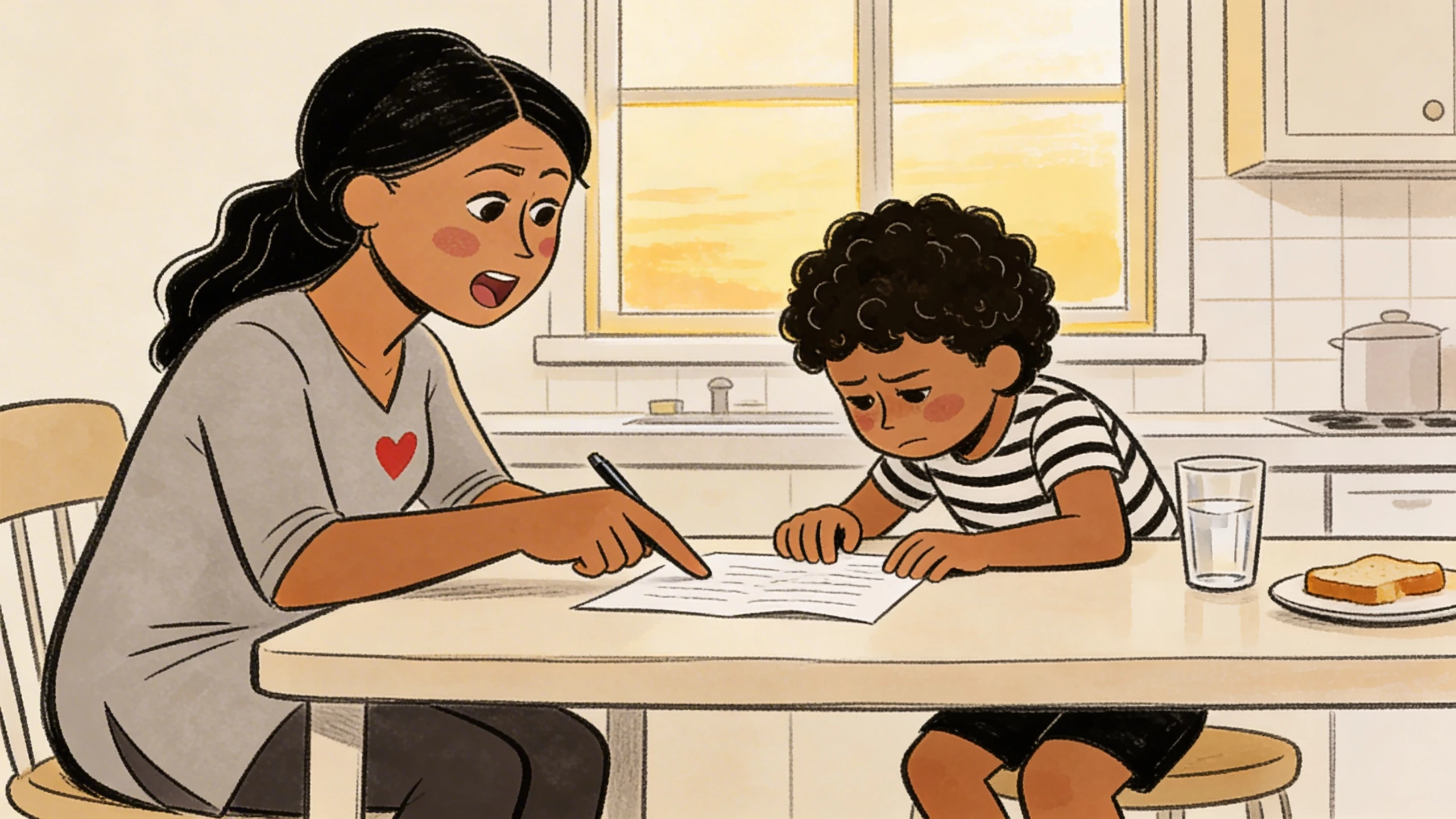 Mother and boy about 6 sit at kitchen table writing a gradual return-to-school plan together on paper