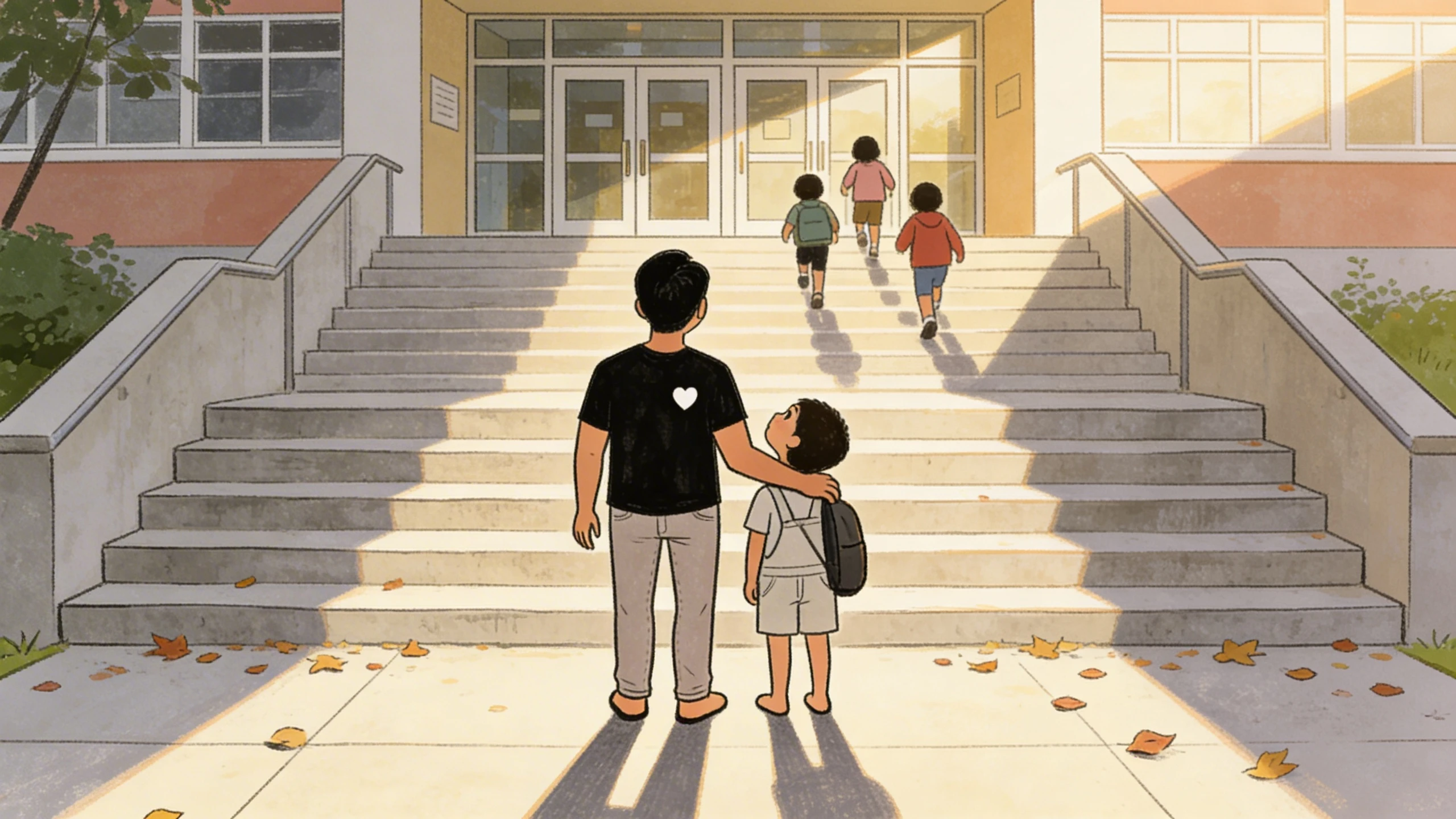 Father with hand on boy's shoulder stands at bottom of school steps as other children walk up ahead