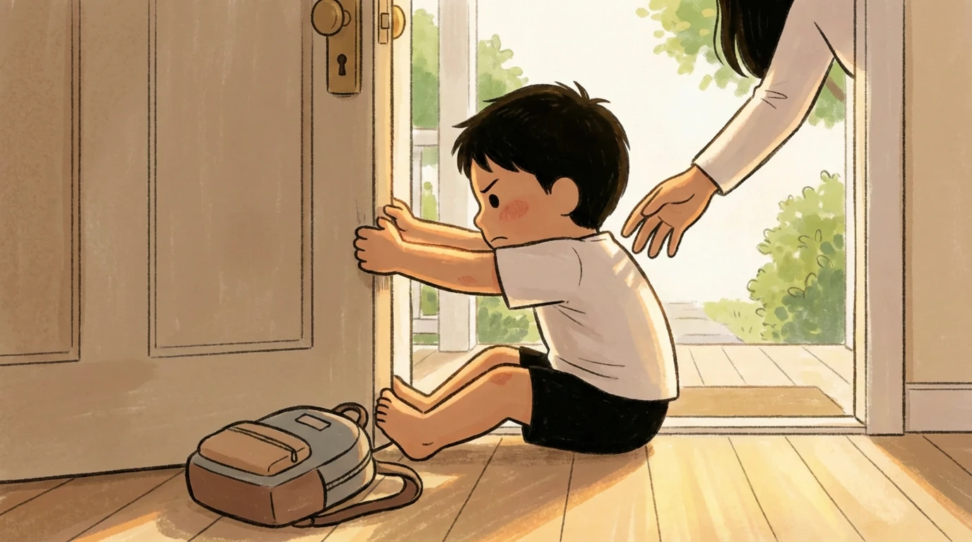 Child gripping an open door and refusing to go to school as a parent reaches out from behind.