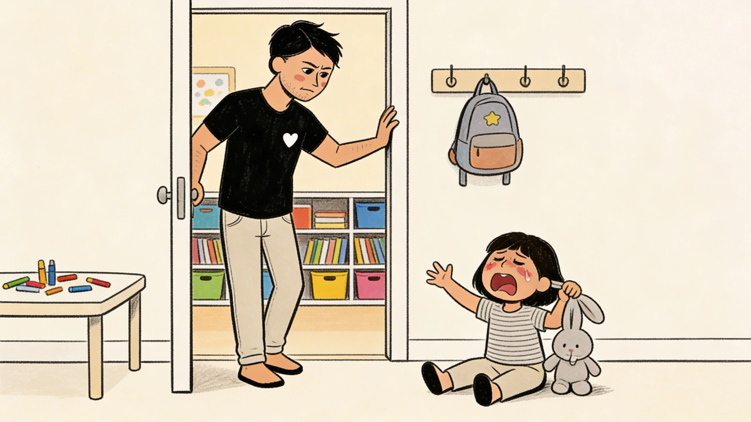 A parent at a doorway watches a child on the floor clutching a toy rabbit — a sign of separation anxiety.