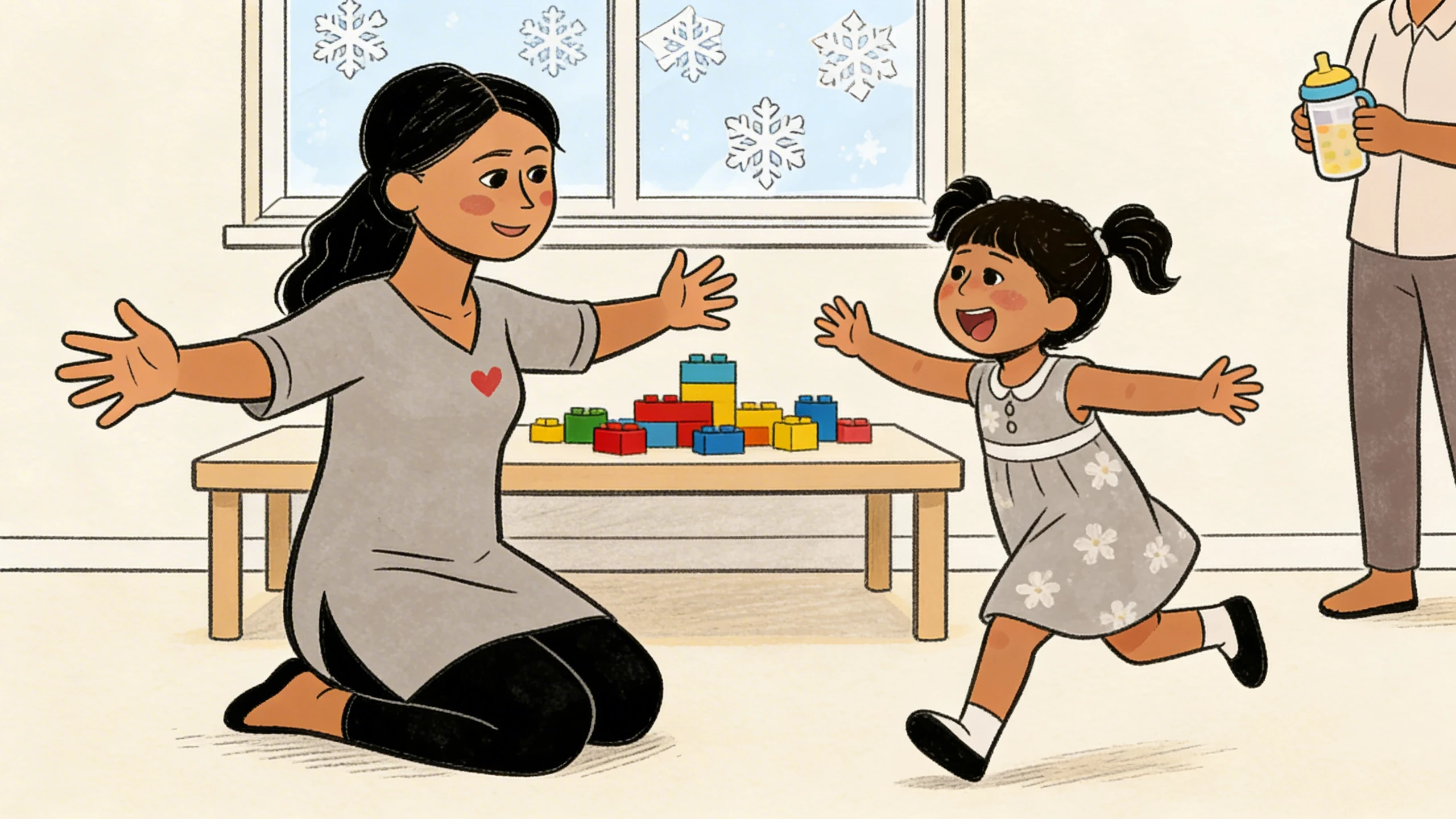 A caregiver kneels on the floor with open arms as a toddler runs toward her with colorful blocks nearby.